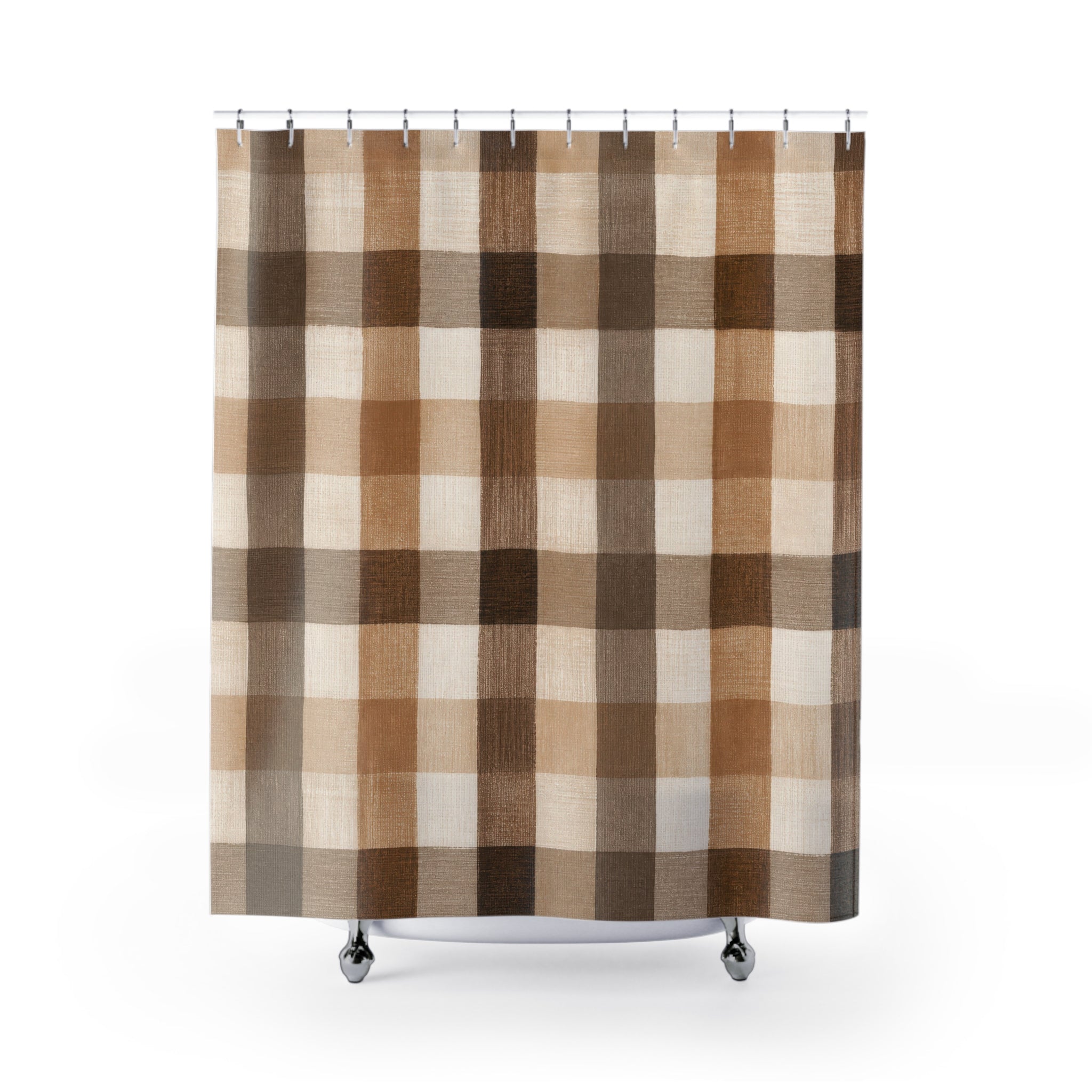 Brown Beige Gingham Check Shower Curtain