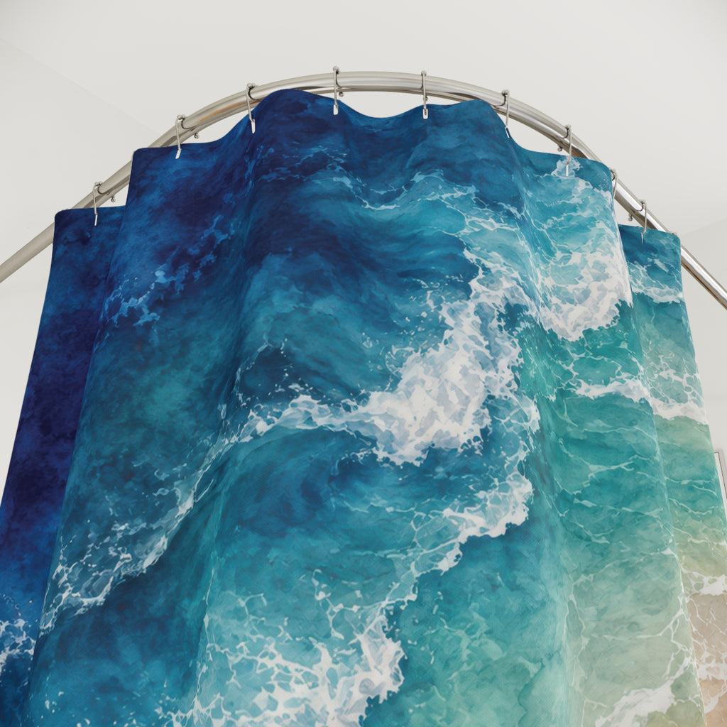 Blue and turquoise surf beside a pale sandy shore shower curtain with close-up print, hooks, and folds