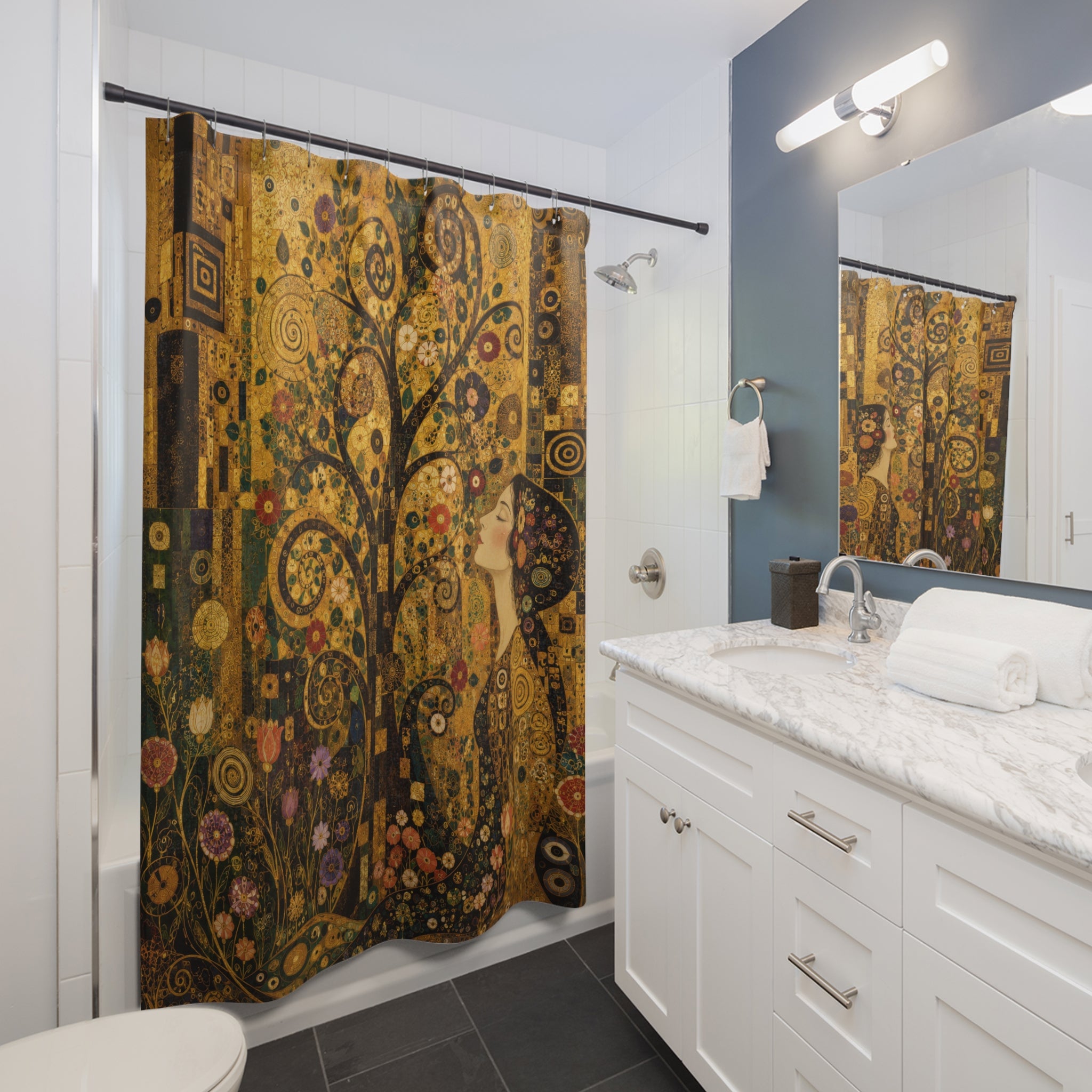 Klimt Inspired Shower Curtain: Gold Tree Life Nouveau