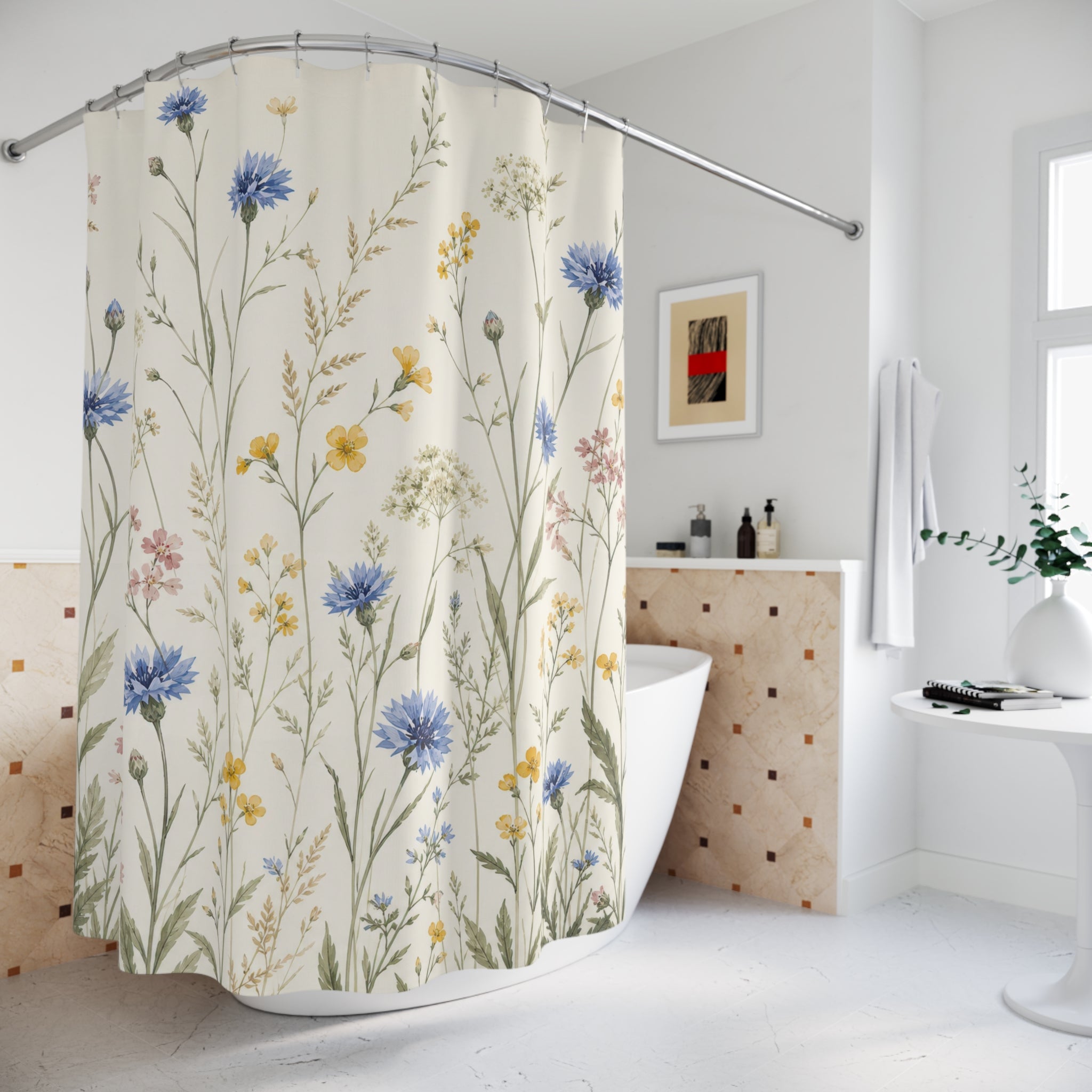 Blue Yellow Floral Meadow Shower Curtain