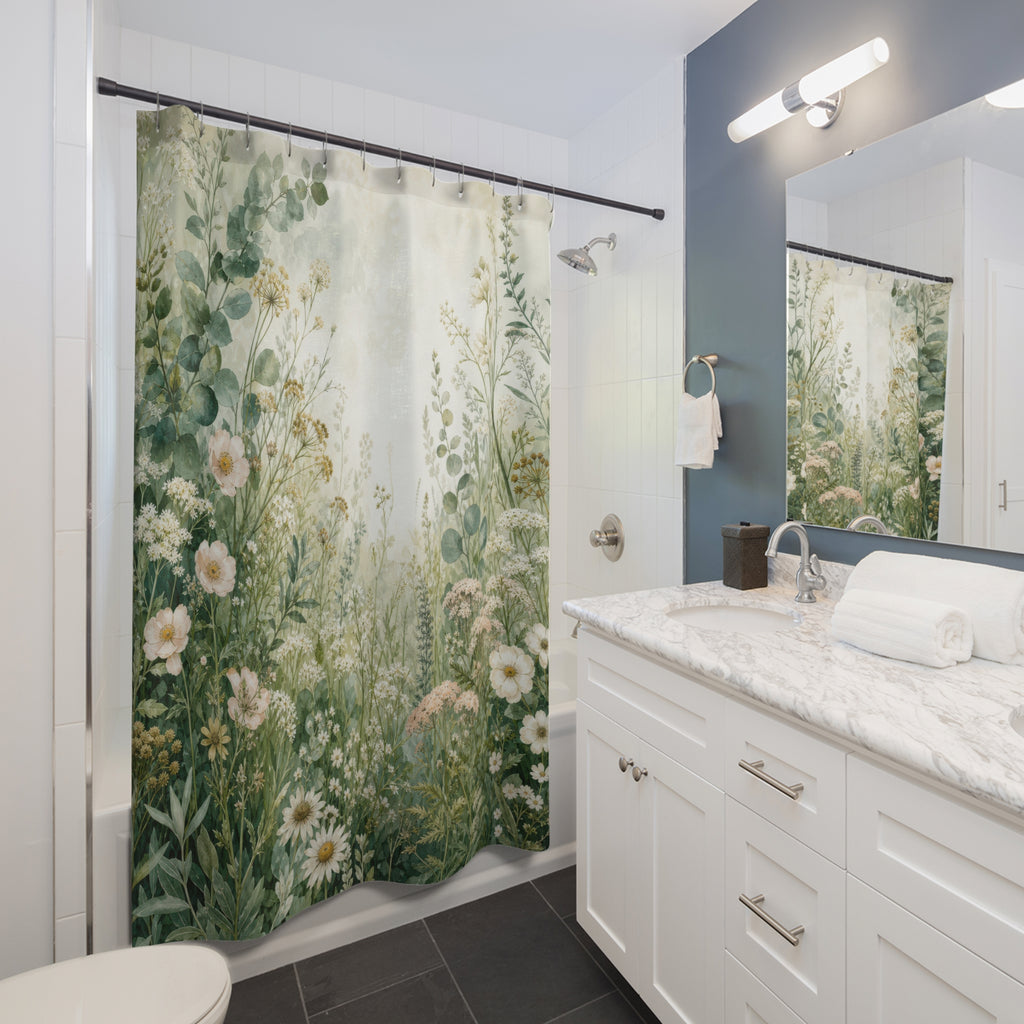Sage Green Wildflower Meadow Shower Curtain