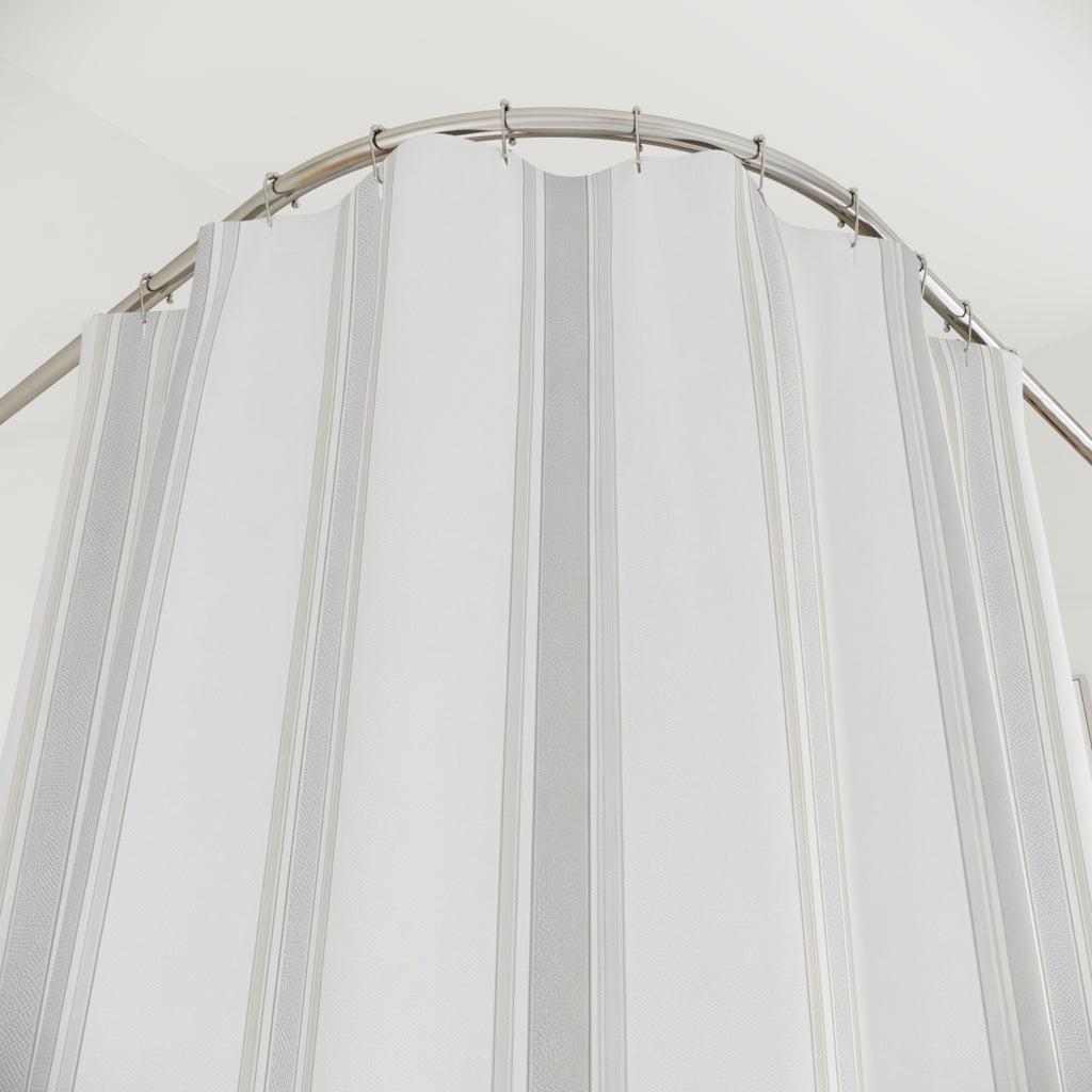 White Beige Fine Vertical Stripe Shower Curtain