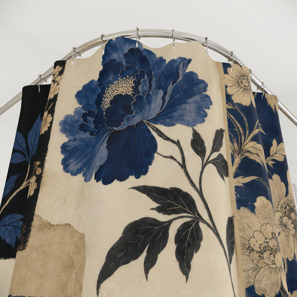 Navy Black Botanical Blue Floral Shower Curtain