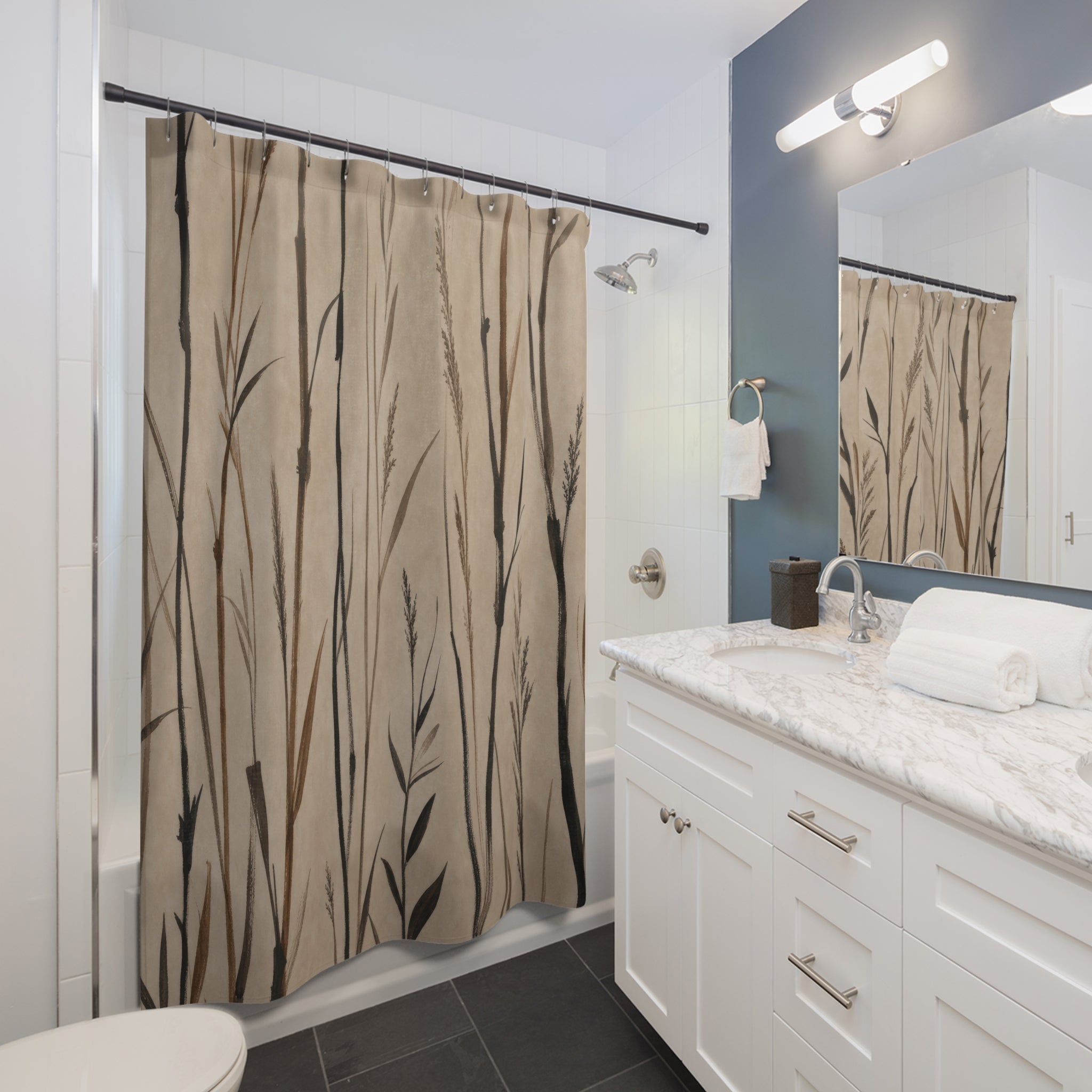 Black Brown Reed Line Shower Curtain