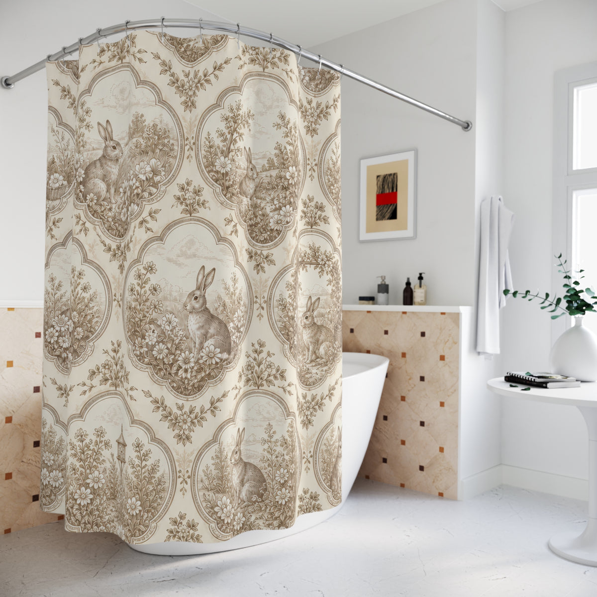 Cream Rabbit Cameo Toile shower curtain beside a freestanding tub