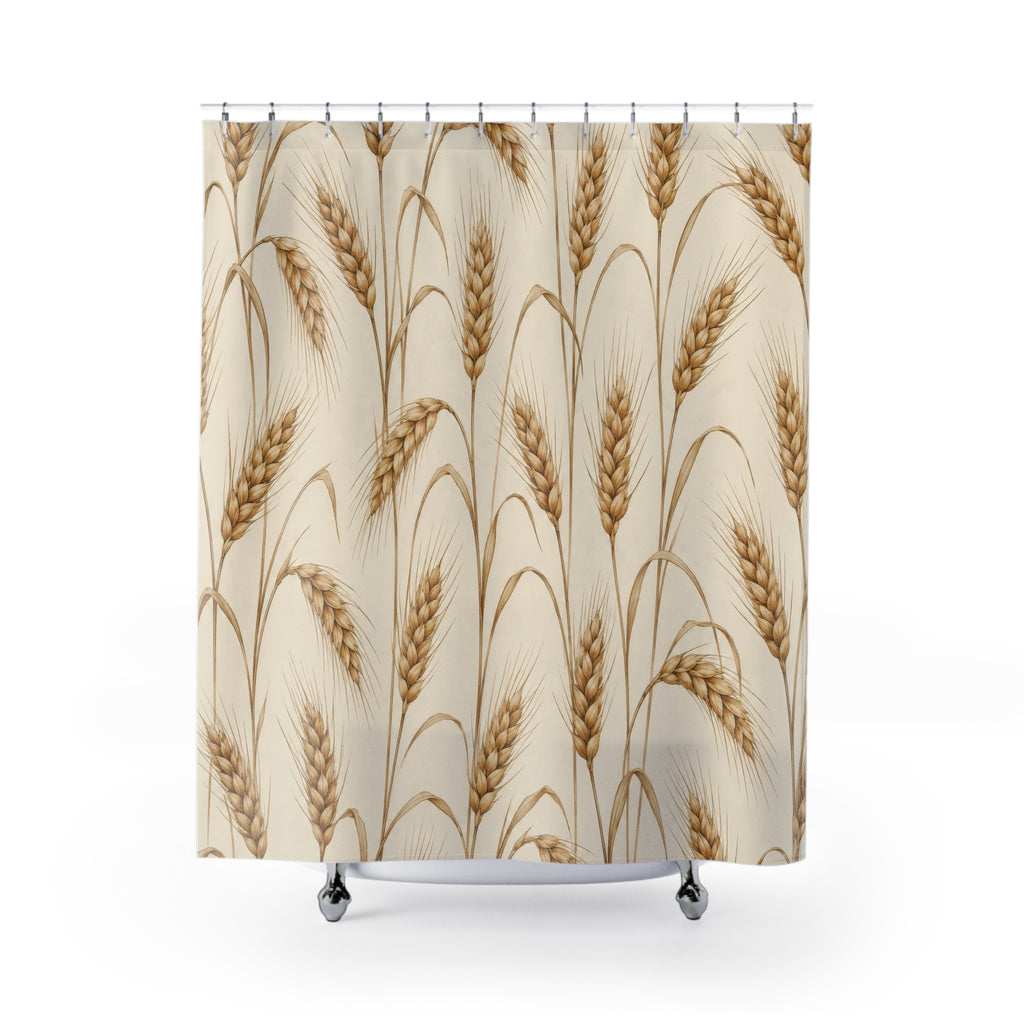 Golden brown wheat ears with arching leaves on ivory shower curtain with full front view