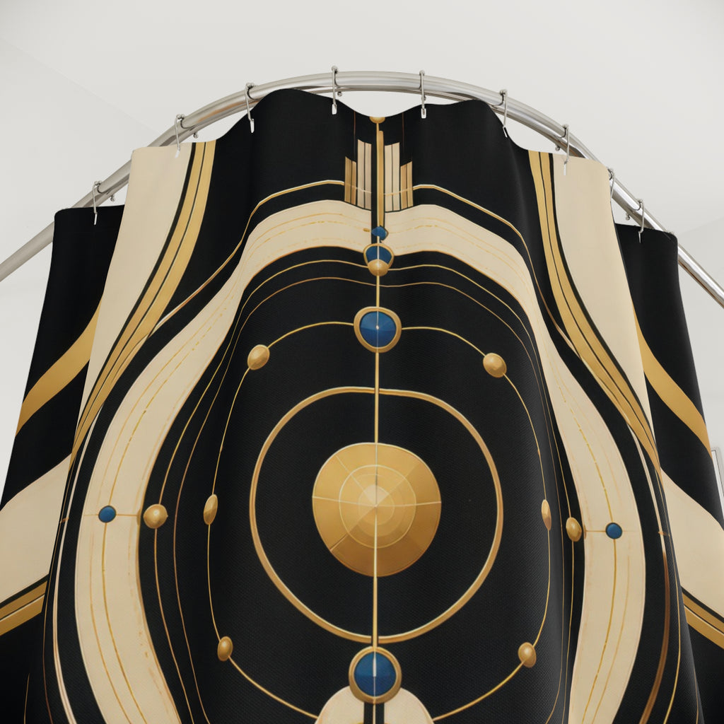 Black ivory and gold-colored Neo Art Deco orbit monument shower curtain with close-up print, hooks, and folds