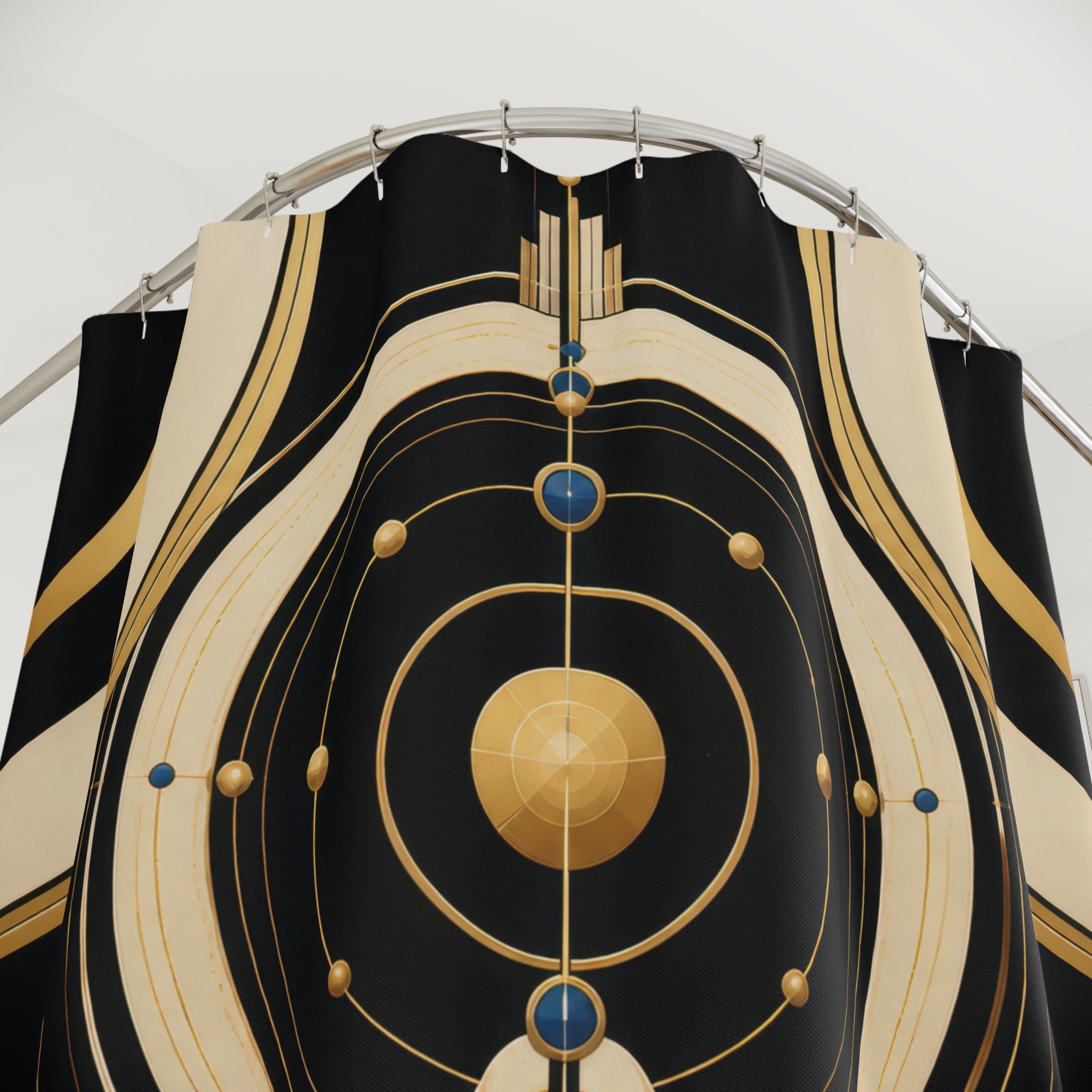 Black ivory and gold-colored Neo Art Deco orbit monument shower curtain with close-up print, hooks, and folds