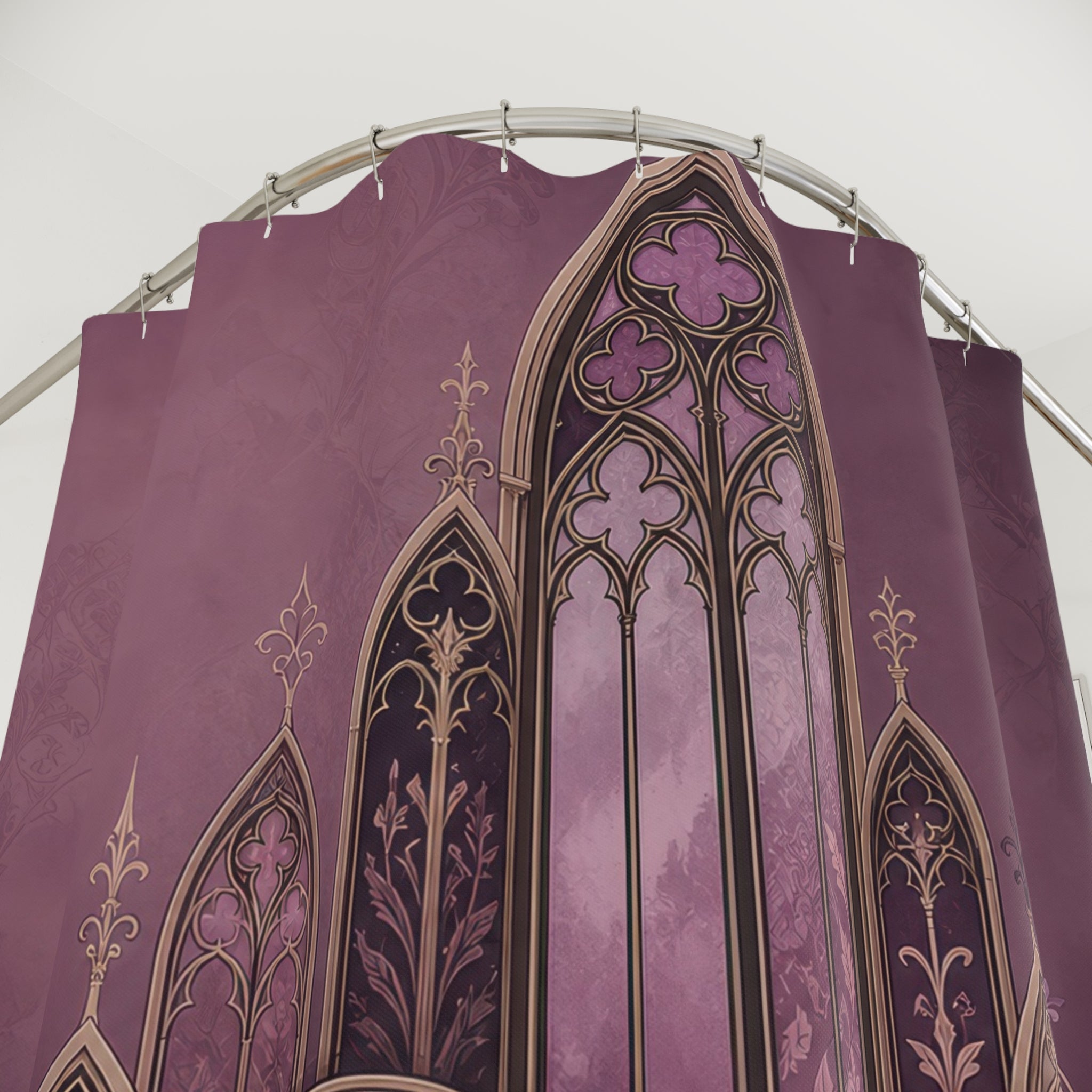 Mauve Gothic lancet arches with aubergine tracery shower curtain with close-up print, hooks, and folds