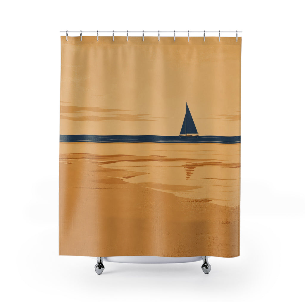Navy sailboat crossing a broad tan sandbar under a warm sky shower curtain with full front view