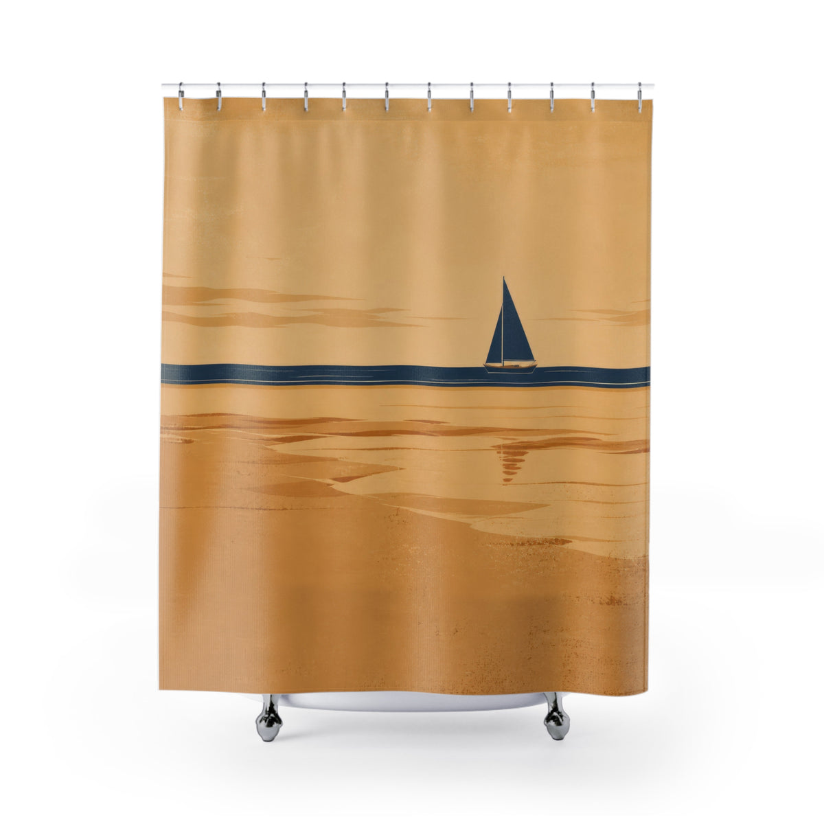Navy sailboat crossing a broad tan sandbar under a warm sky shower curtain with full front view