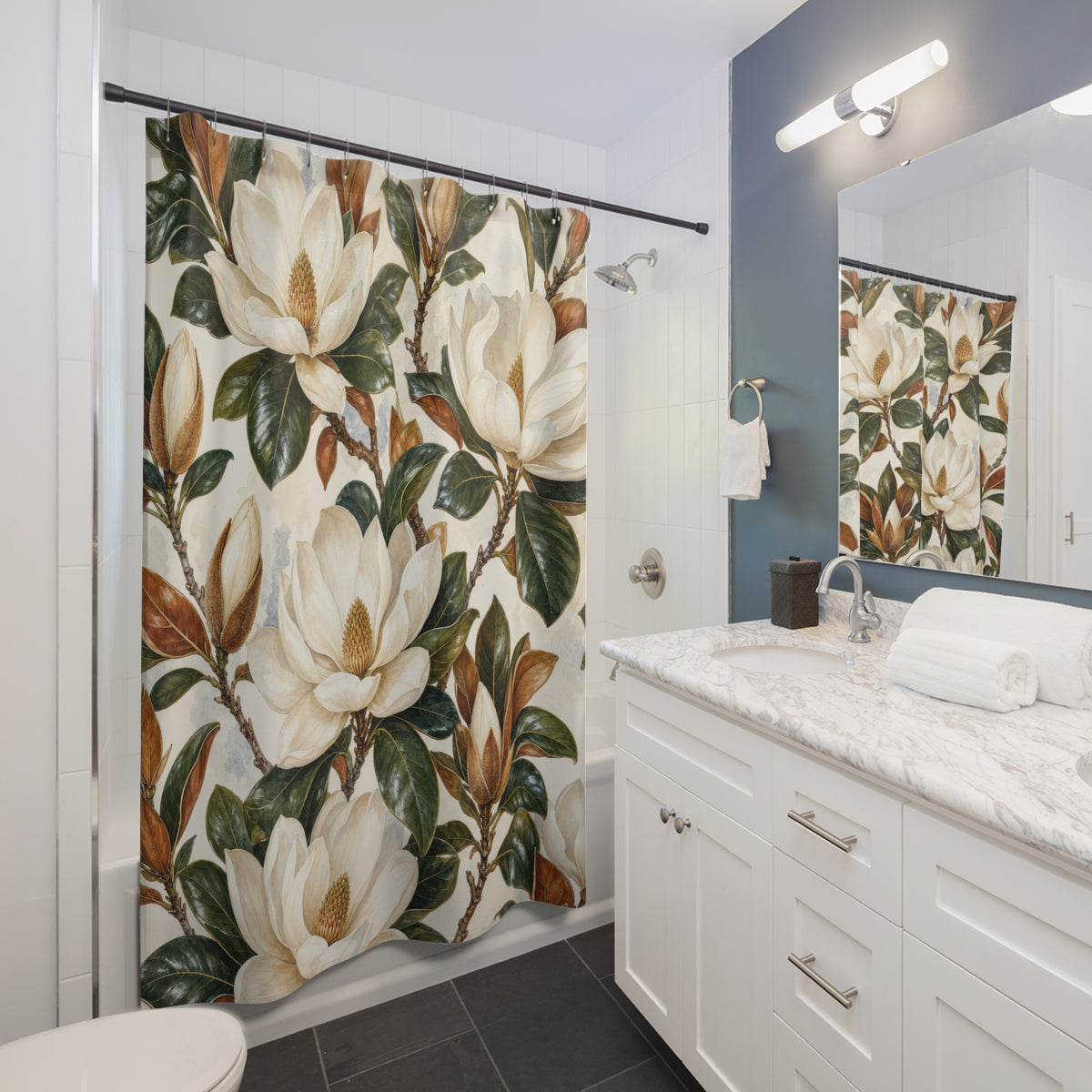 White Floral Botanical magnolia pattern shower curtain beside a white vanity