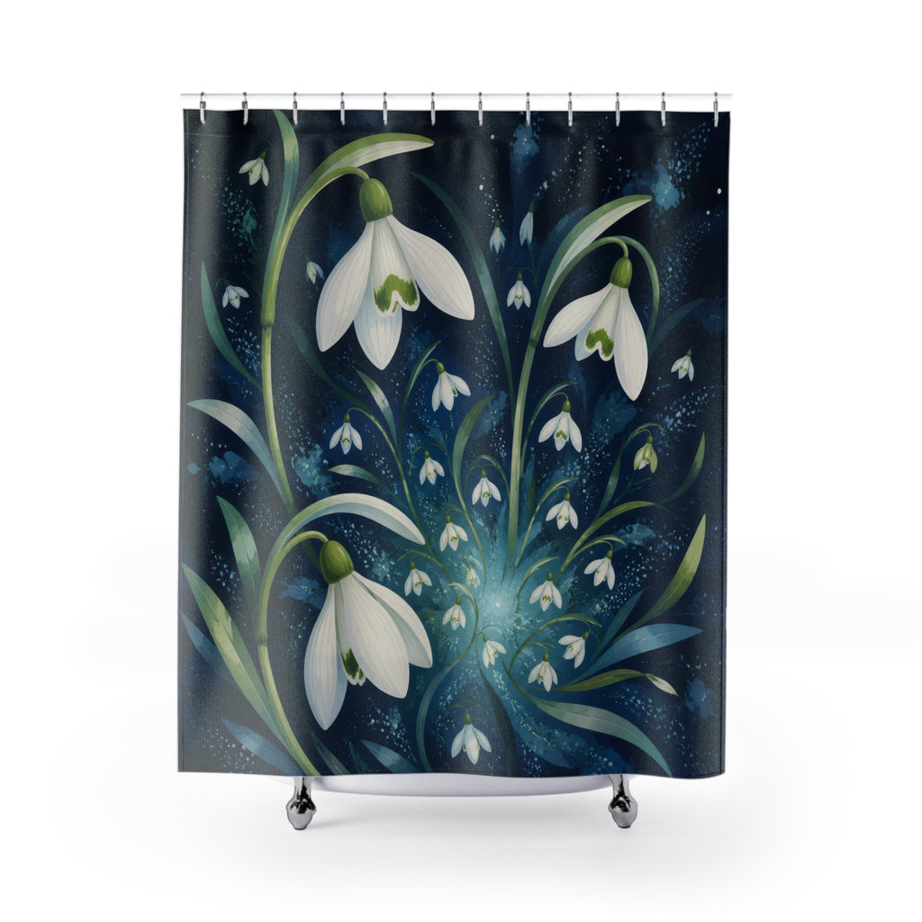 White winter snowdrops radiating over midnight blue shower curtain with full front view