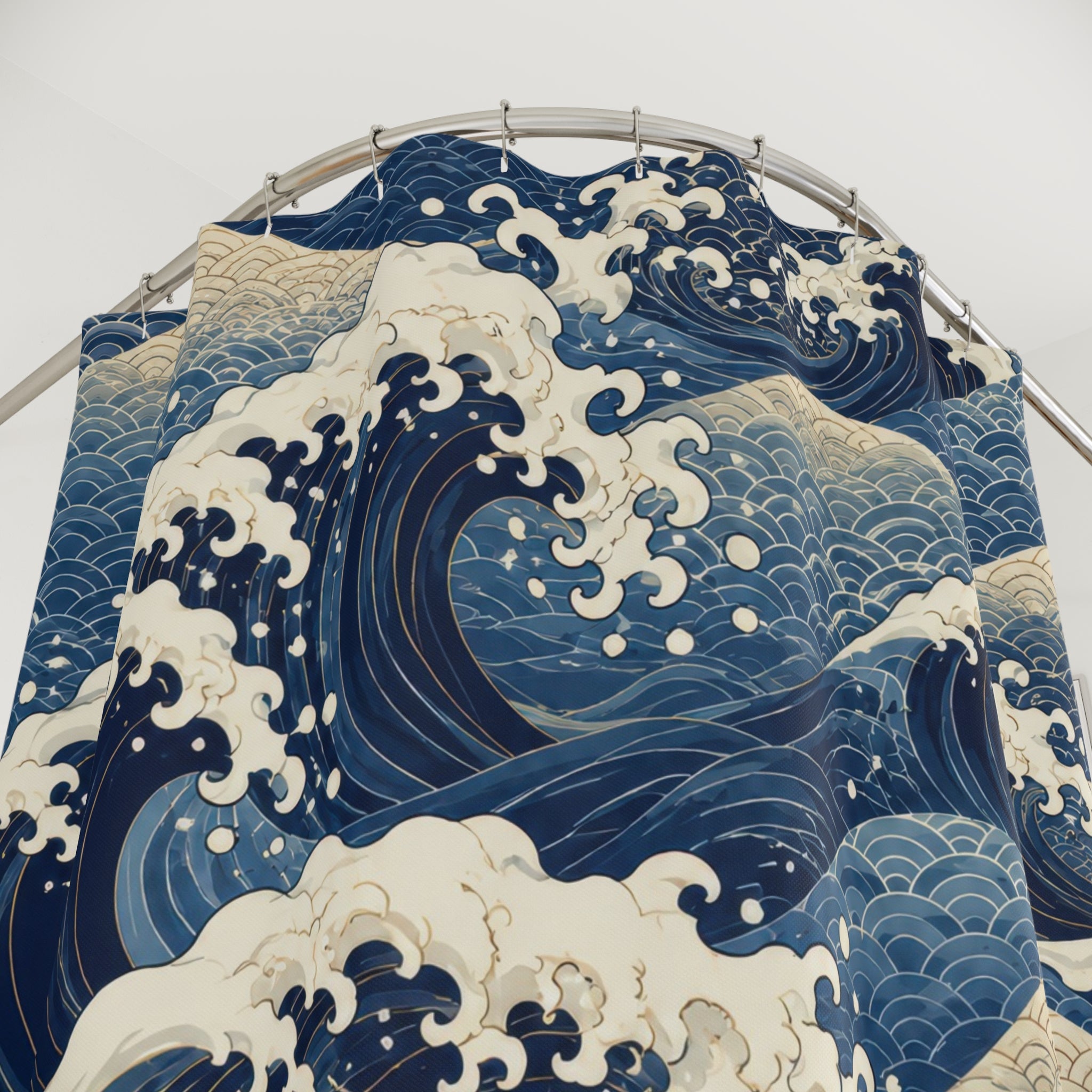 Japanese Wave Shower Curtain: Indigo Blue Ocean