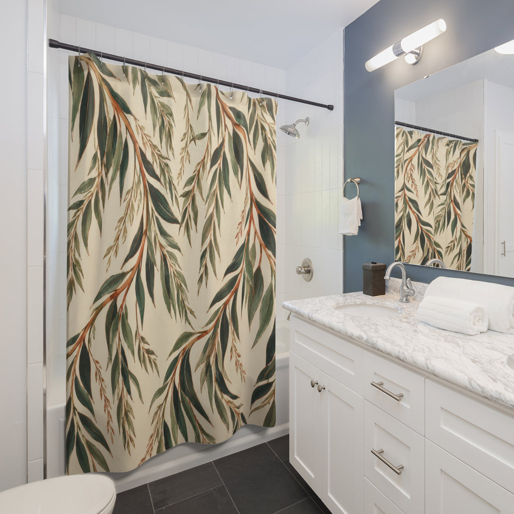 Copper and green weeping willow boughs shower curtain beside a white vanity