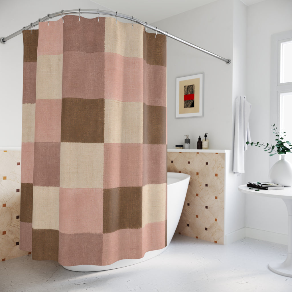 Plaid Shower Curtain, Pink Brown Farmhouse Bath Decor, Blush Cream Checkered Pattern, Soft Blush Neutral Guest Bathroom Decor Style