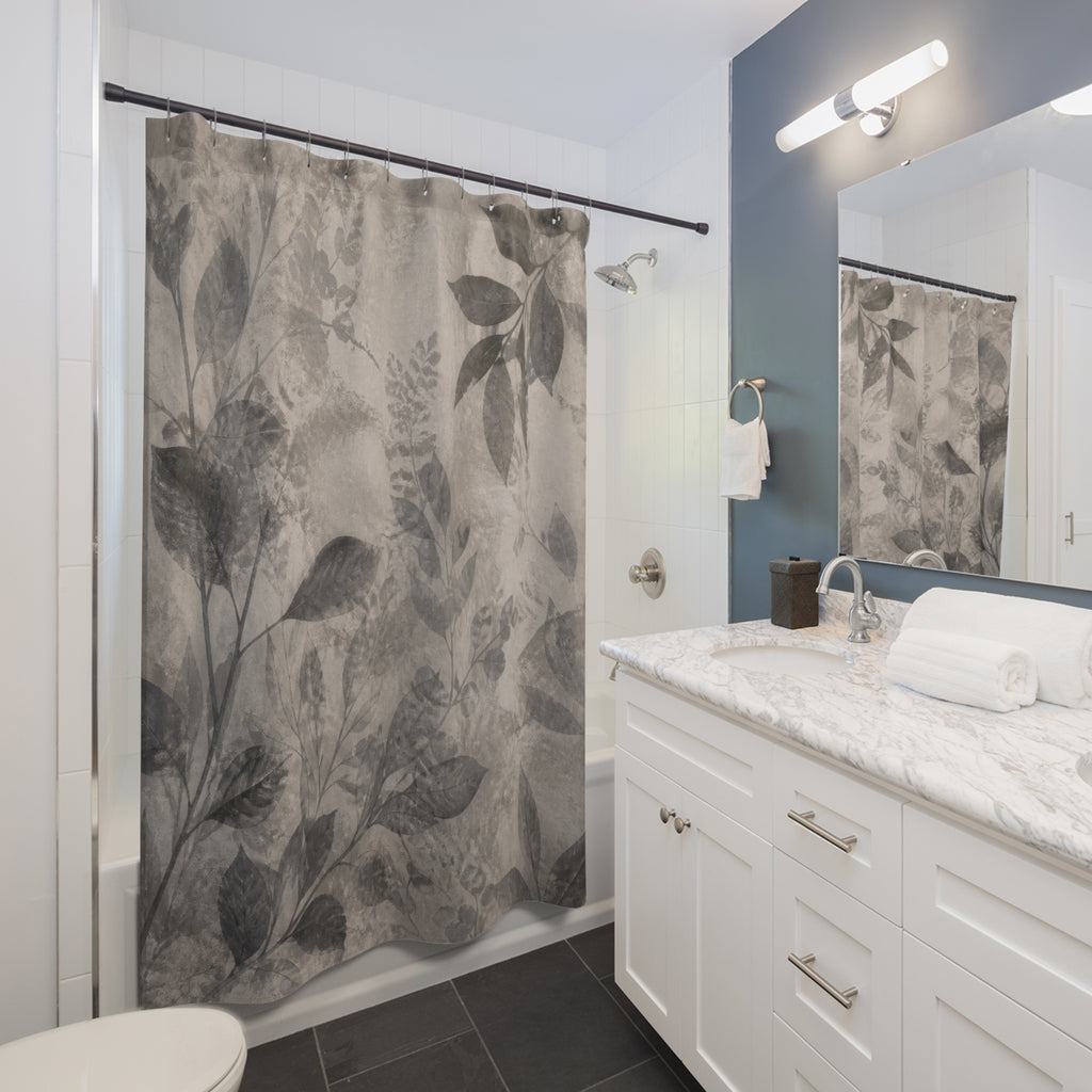Gray Floral Botanical Beige Black Charcoal Shower Curtain