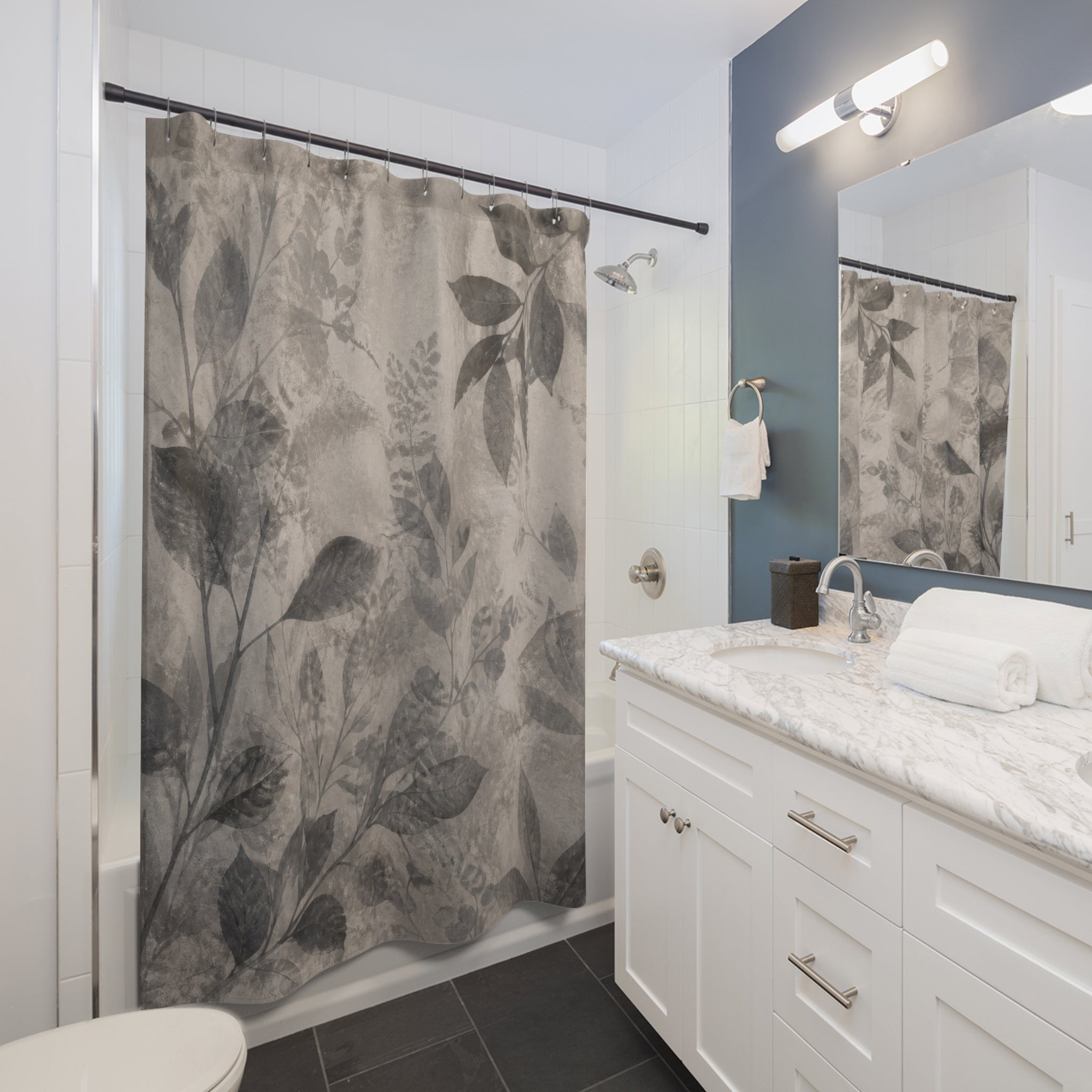 Gray Floral Botanical Beige Black Charcoal Shower Curtain