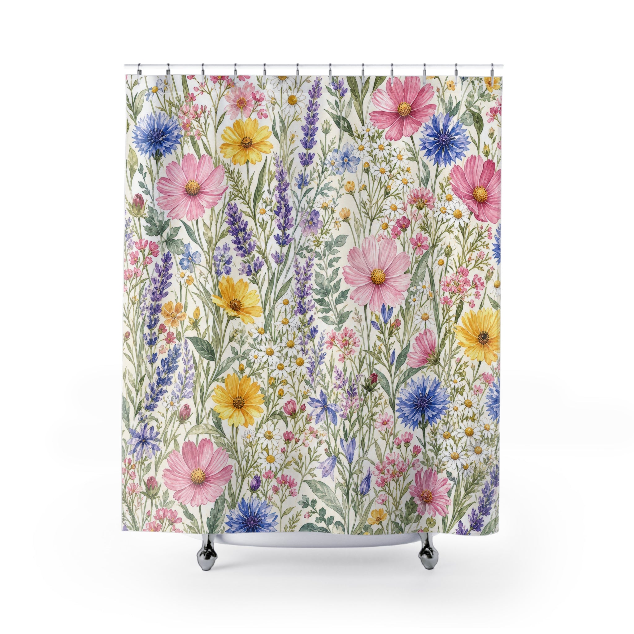 Pink Blue Cosmos Daisy Watercolor Shower Curtain