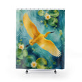 Marigold yellow bird over turquoise lily pads shower curtain with full front view