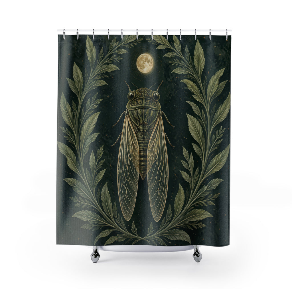 Cicada beneath a pale moon framed by sage leaves shower curtain with full front view