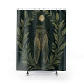 Cicada beneath a pale moon framed by sage leaves shower curtain with full front view