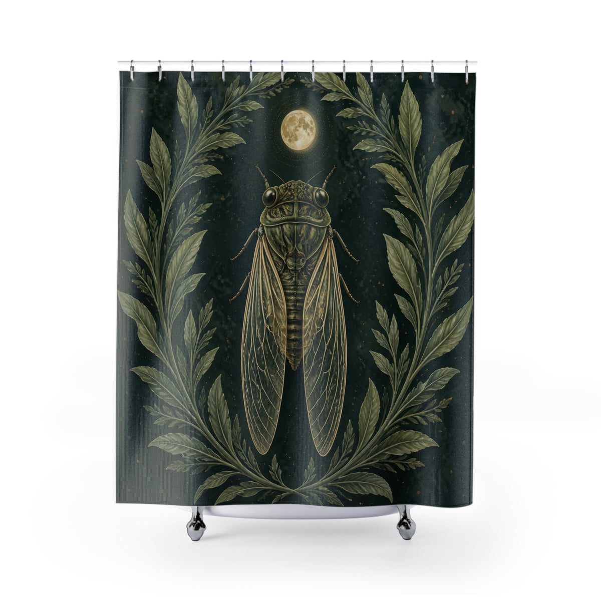 Cicada beneath a pale moon framed by sage leaves shower curtain with full front view
