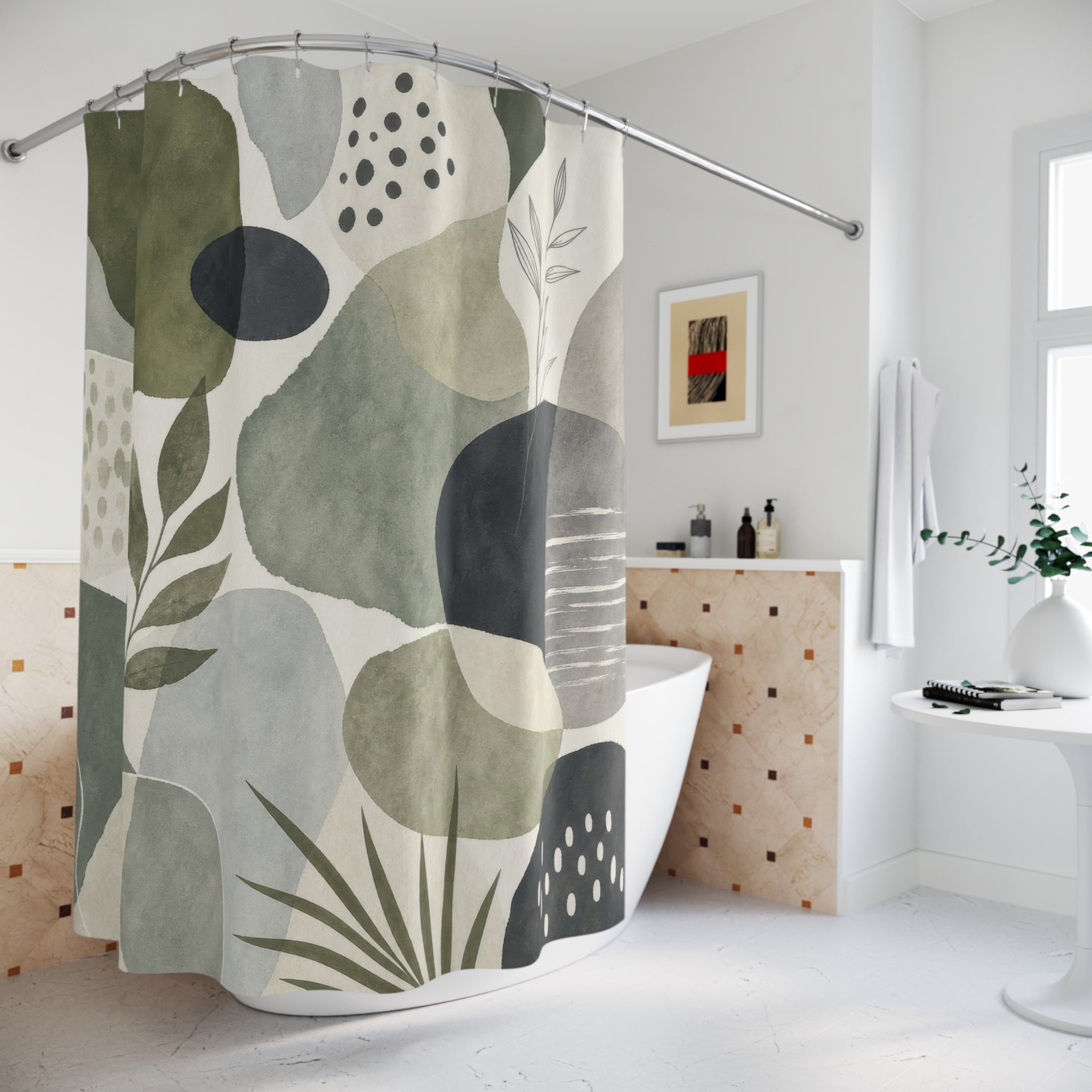 Green Abstract Leaf Shower Curtain, Olive Green Modern Bathroom Decor, Abstract Leaf Bath Curtain, Guest Bath Decor, Small Bathroom Decor