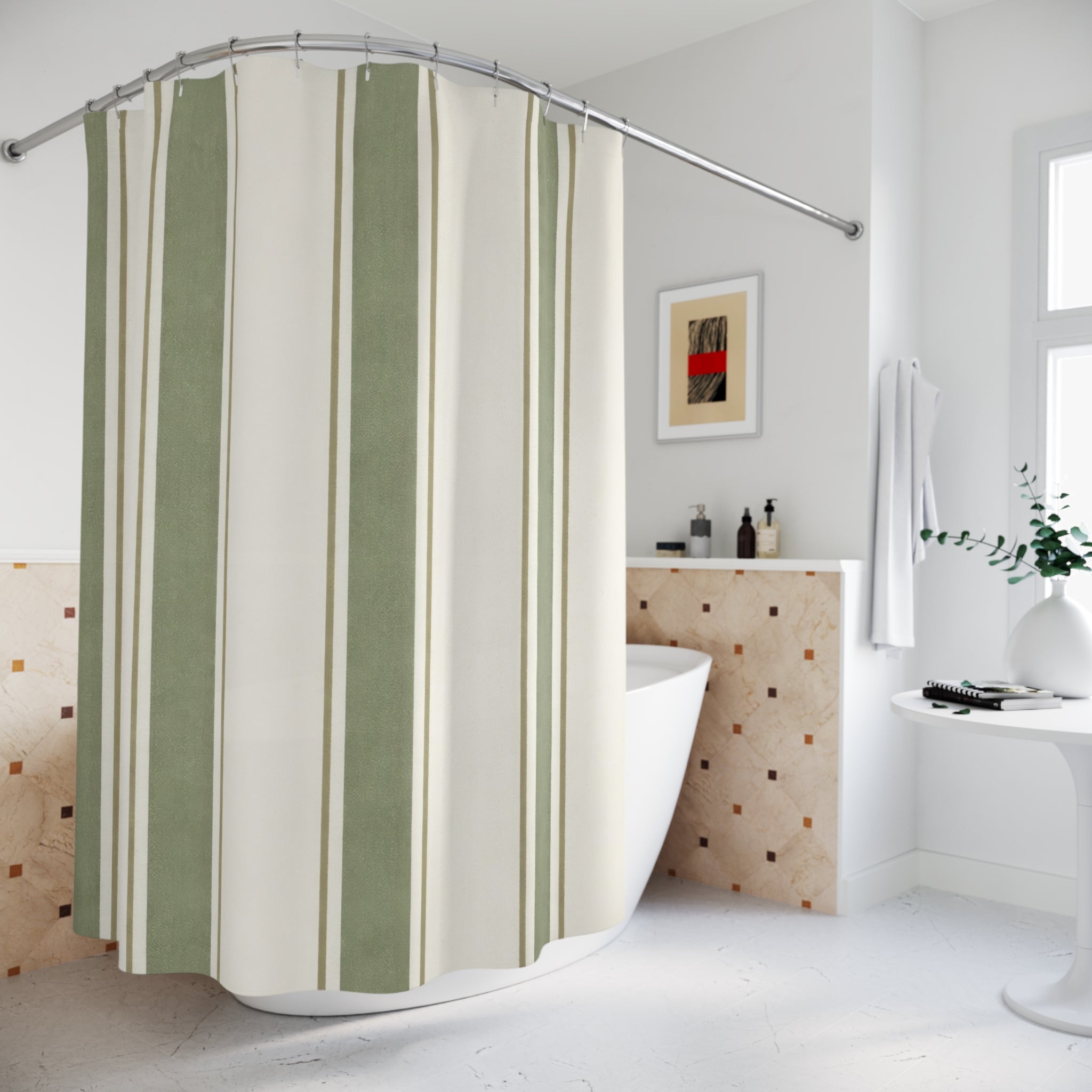 Sage Green French Stripe Shower Curtain