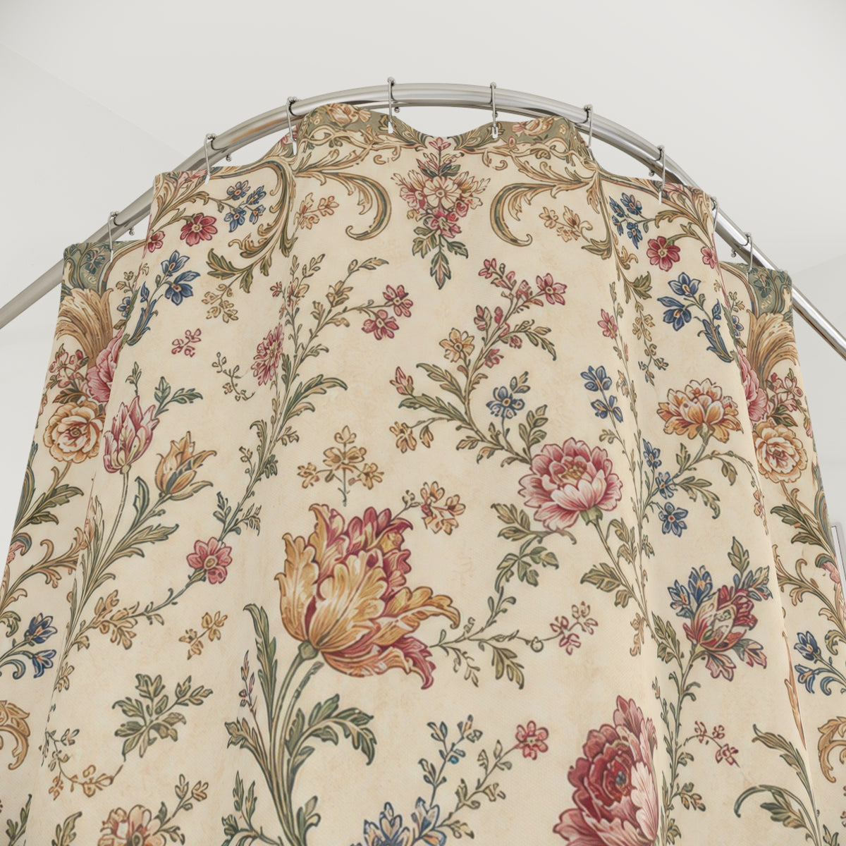 Pink Rose Ornate Border vintage shower curtain with close-up print, hooks, and folds