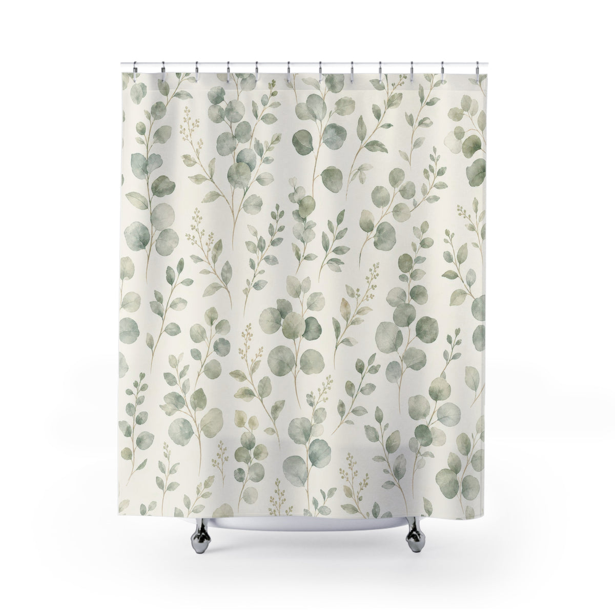 Sage Green Botanical eucalyptus soft shower curtain with full front view
