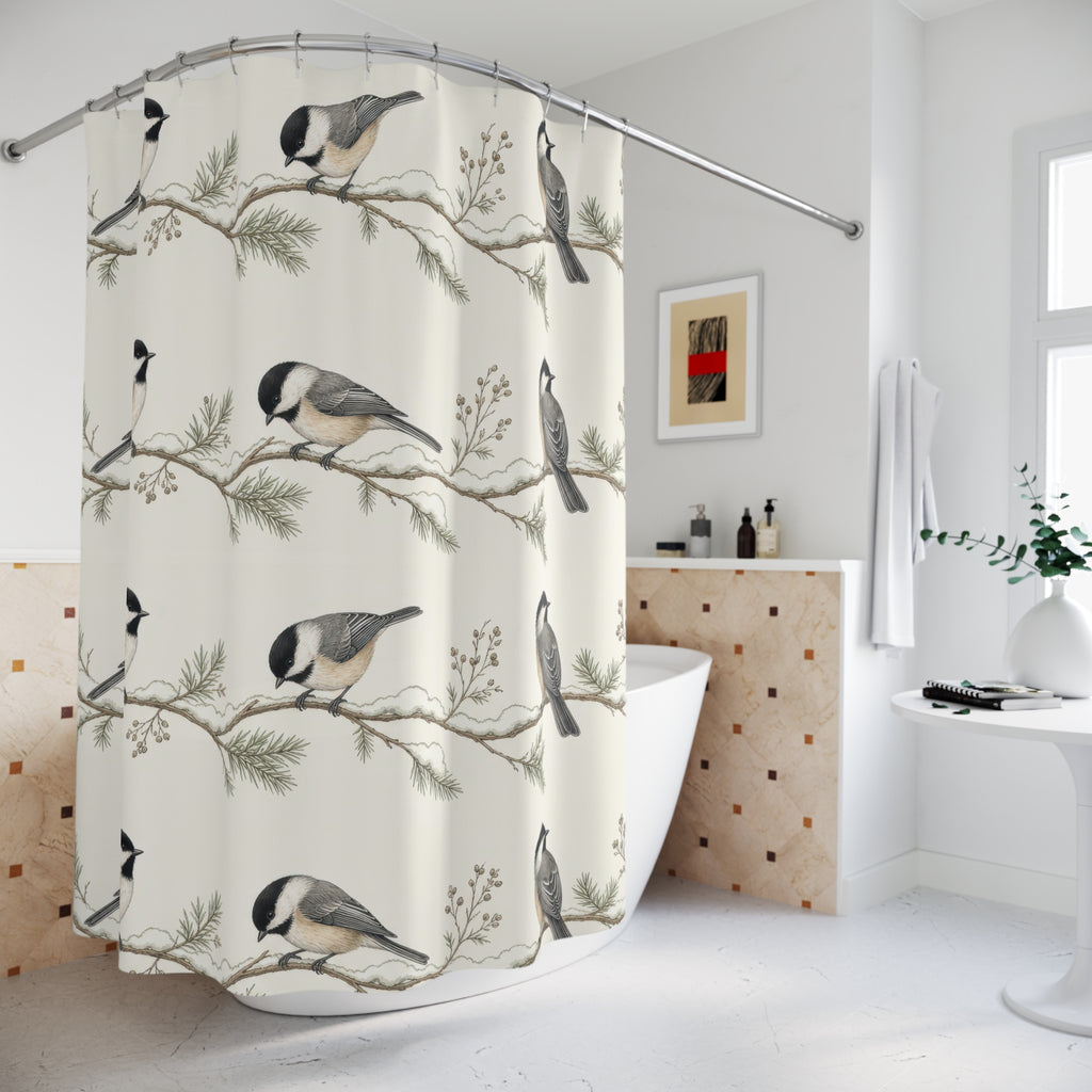 Chickadees on snowy branch stripes shower curtain beside a freestanding tub