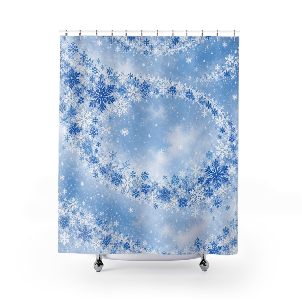 Blue orbital snowfall shower curtain with full front view