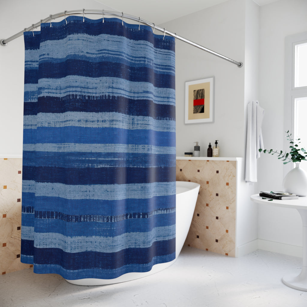 Navy Denim Horizontal Brush Stripe Shower Curtain