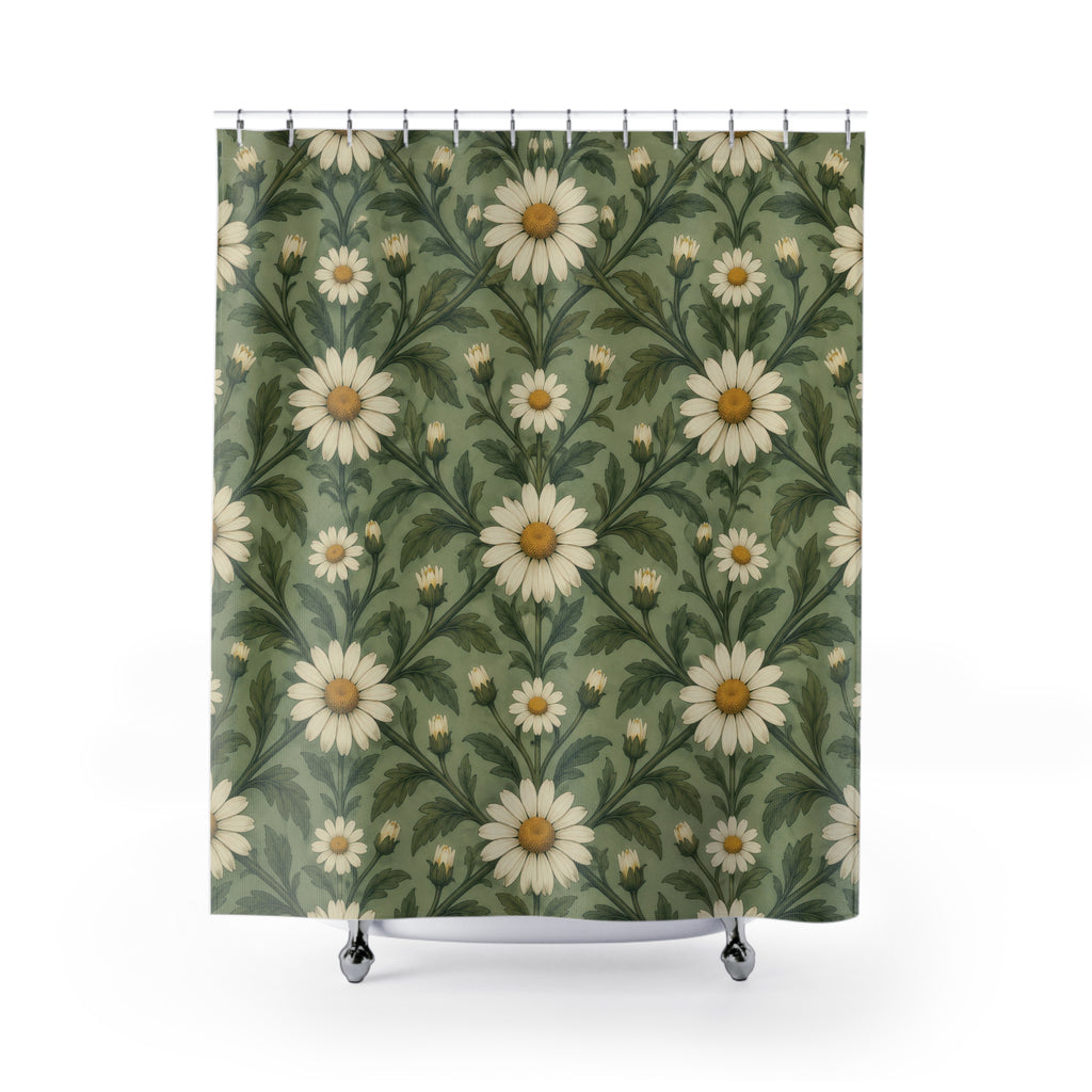 Sage green ivory daisy trellis shower curtain with full front view
