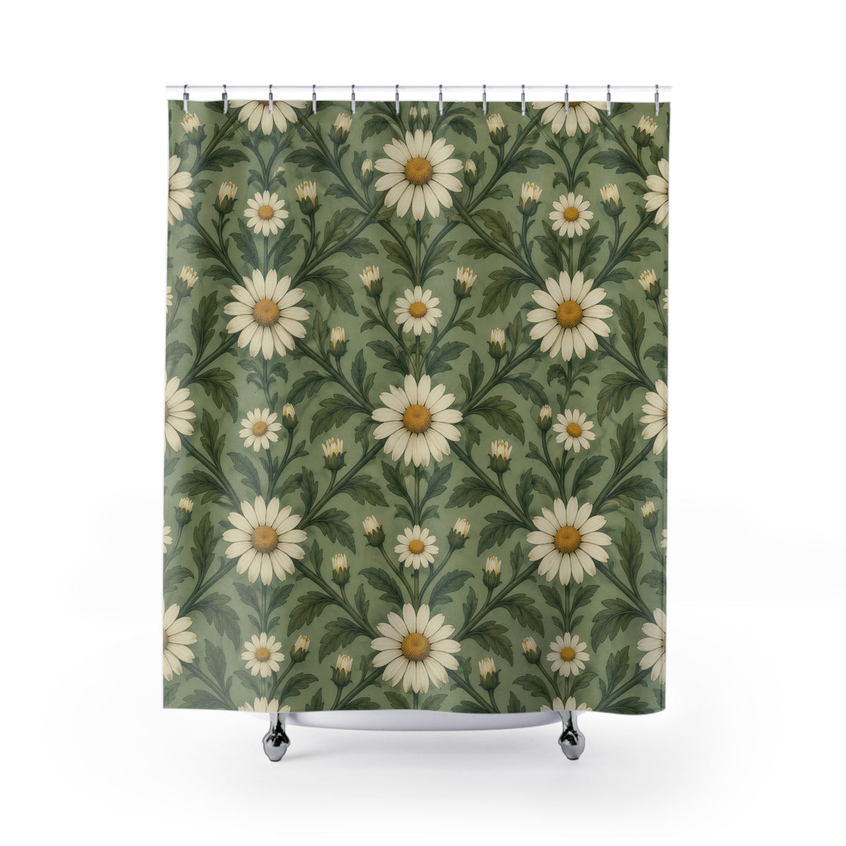 Sage green ivory daisy trellis shower curtain with full front view