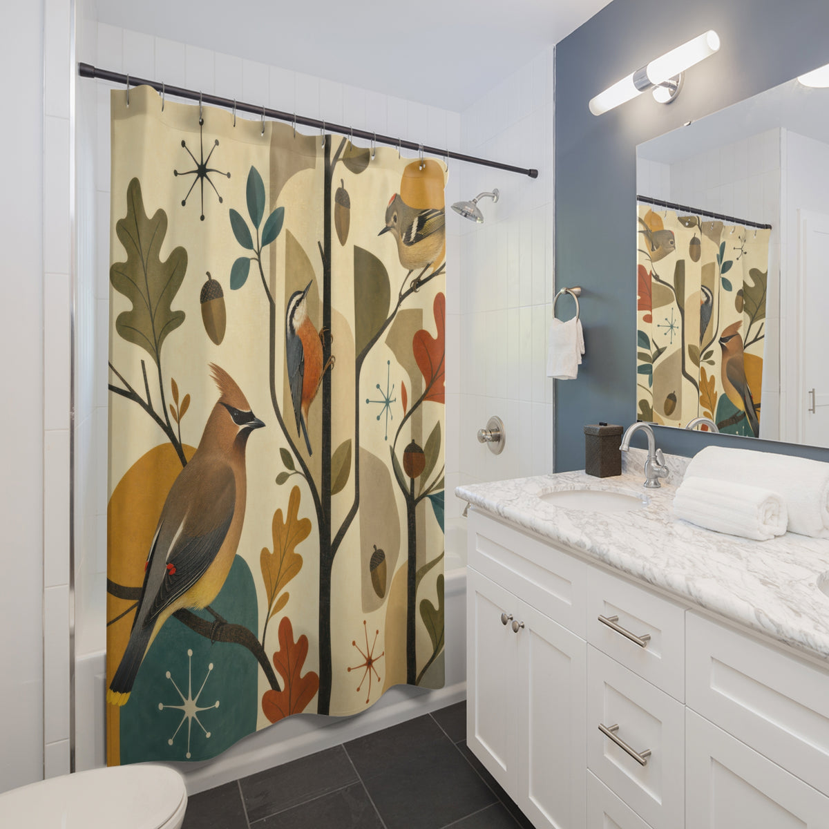 Cedar waxwing nuthatch and kinglet in a retro grove shower curtain beside a white vanity
