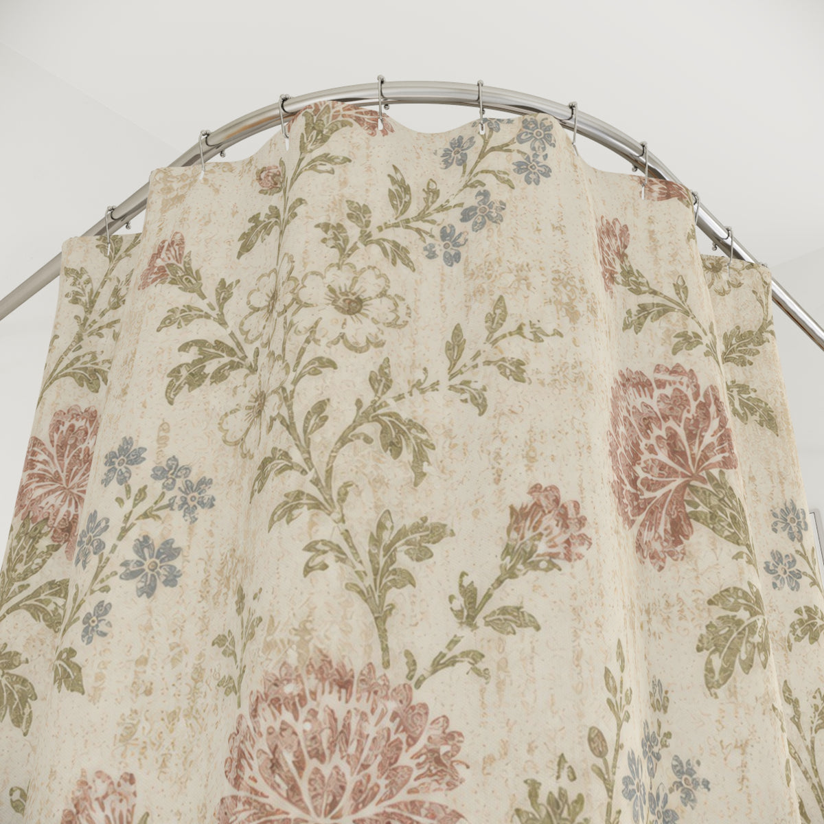 Pink Botanical Flower cottage floral shower curtain with close-up print, hooks, and folds