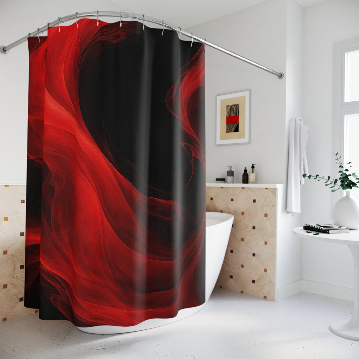 Flowing scarlet currents curling around black pools shower curtain beside a freestanding tub