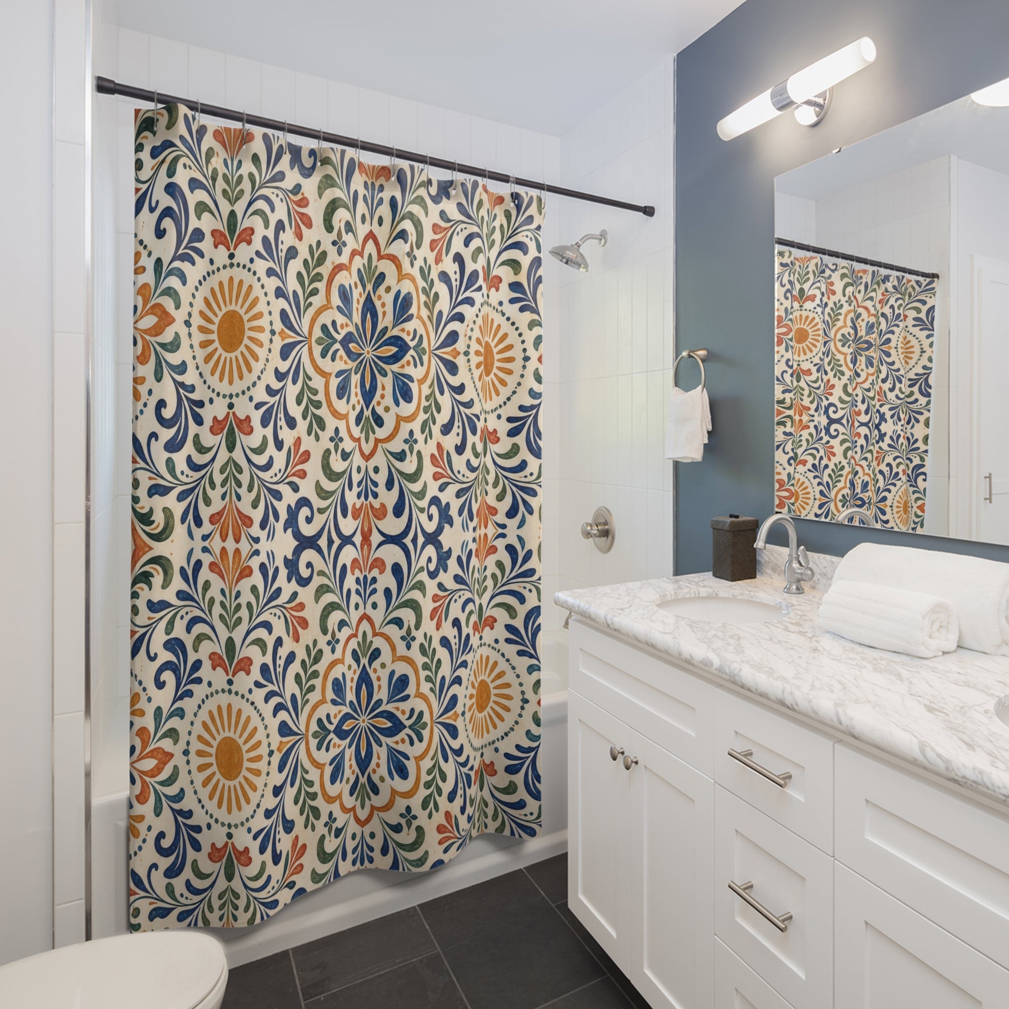 Blue Terracotta Floral Tile Shower Curtain
