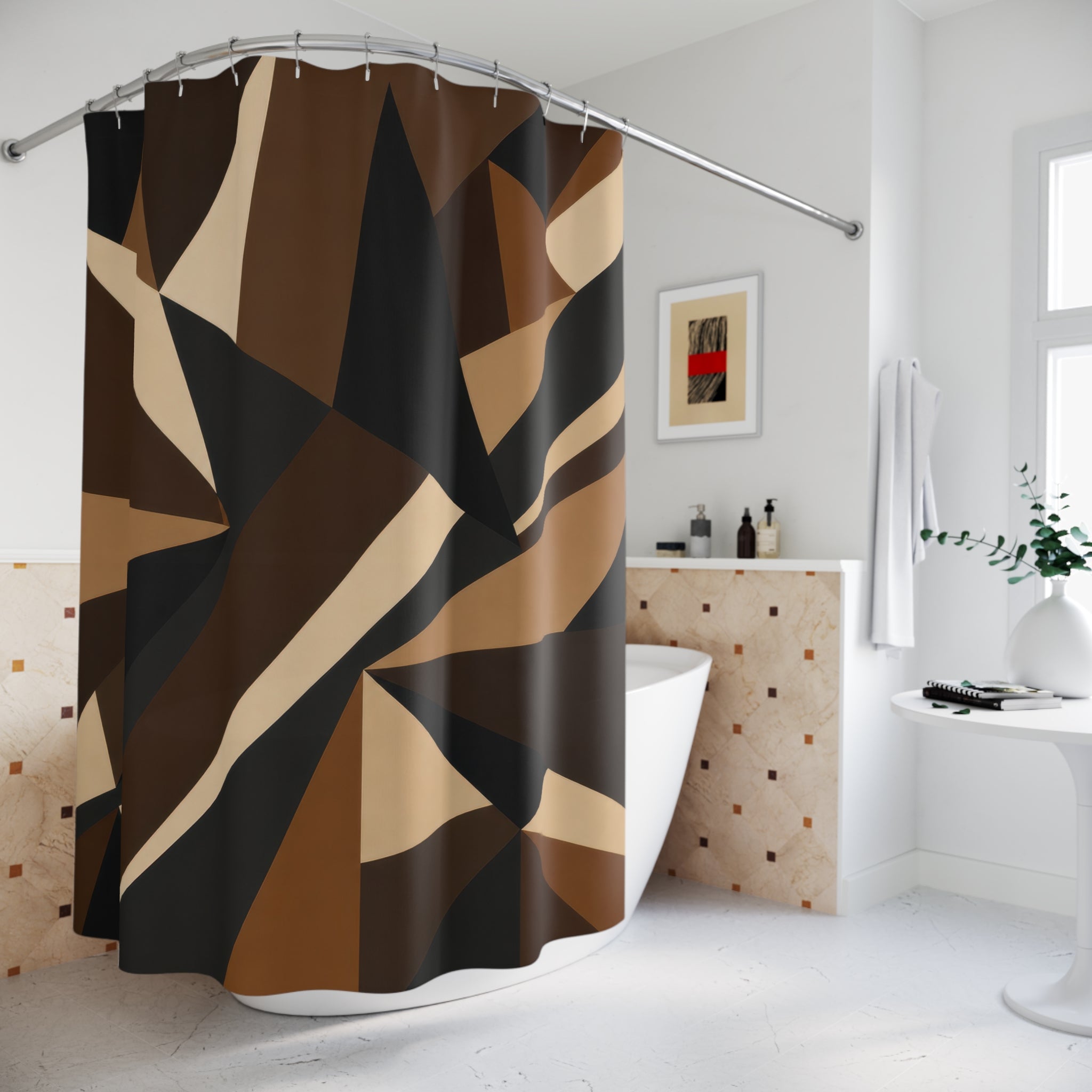 Black Geometric Shower Curtain, Brown Tan Abstract Bath Decor, Sharp Triangle Pattern, Modern Architectural Guest Bathroom Decor Style