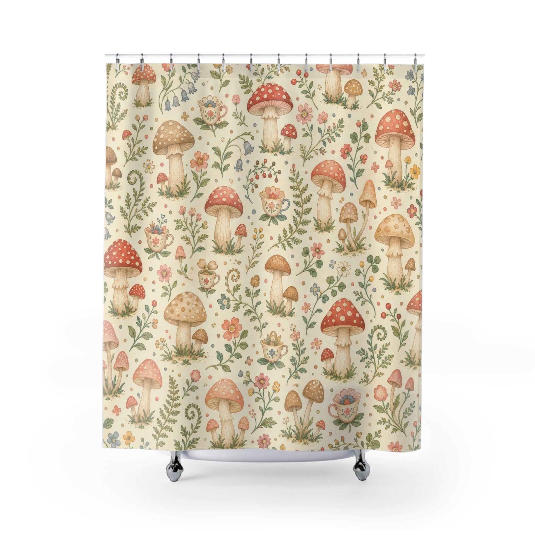 Cute Cottagecore Mushroom Floral Cottage Beige Brown Shower Curtain