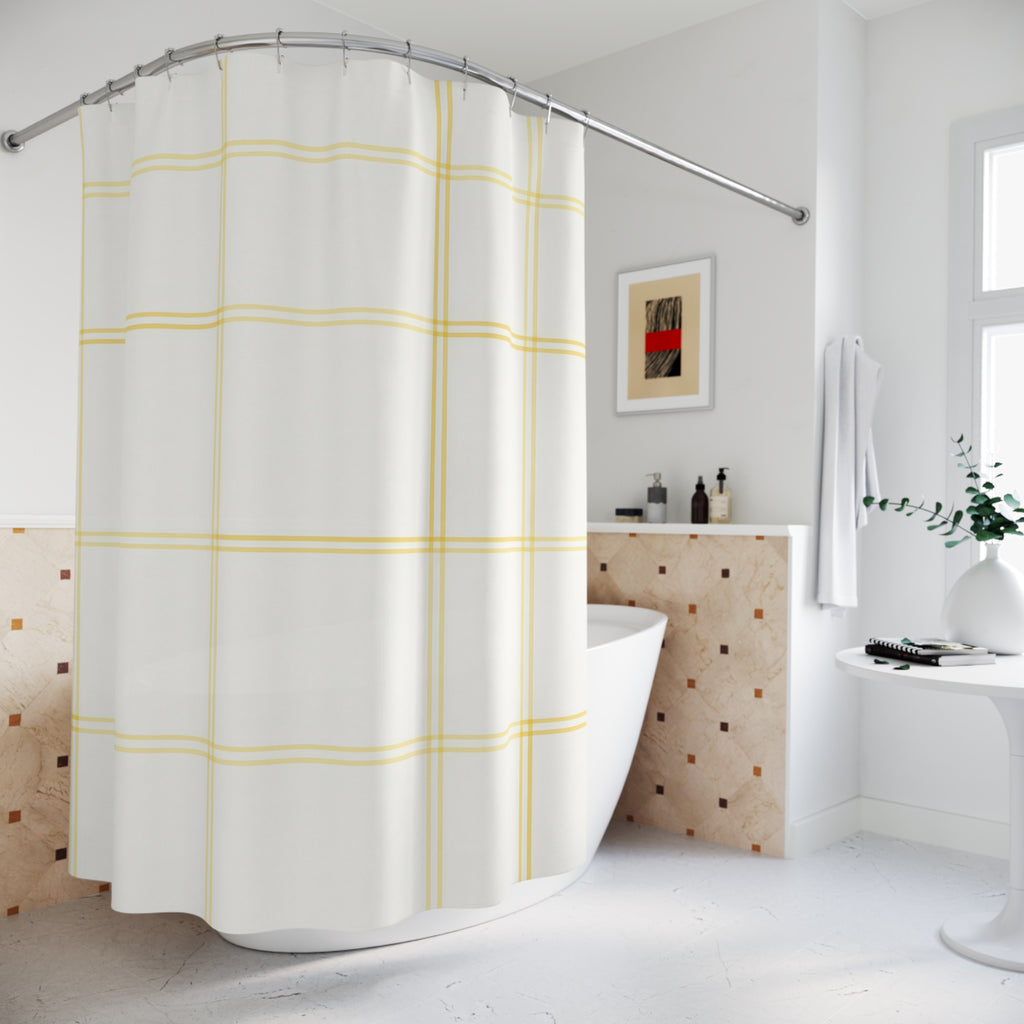 Pale lemon windowpane check on warm white shower curtain beside a freestanding tub