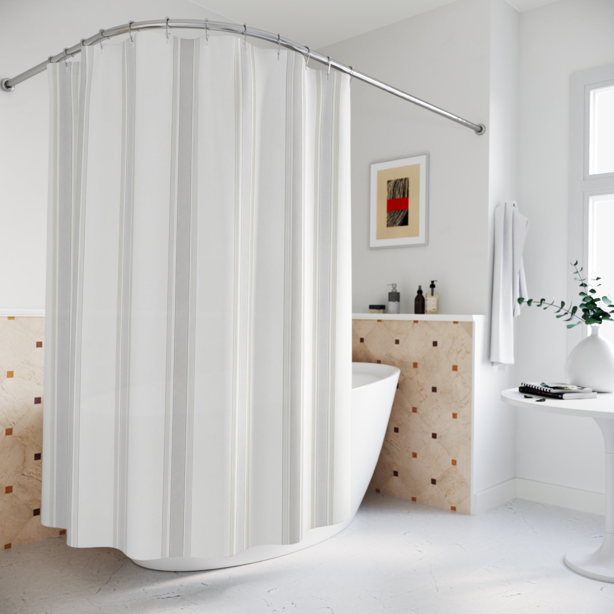 White Beige Fine Vertical Stripe Shower Curtain
