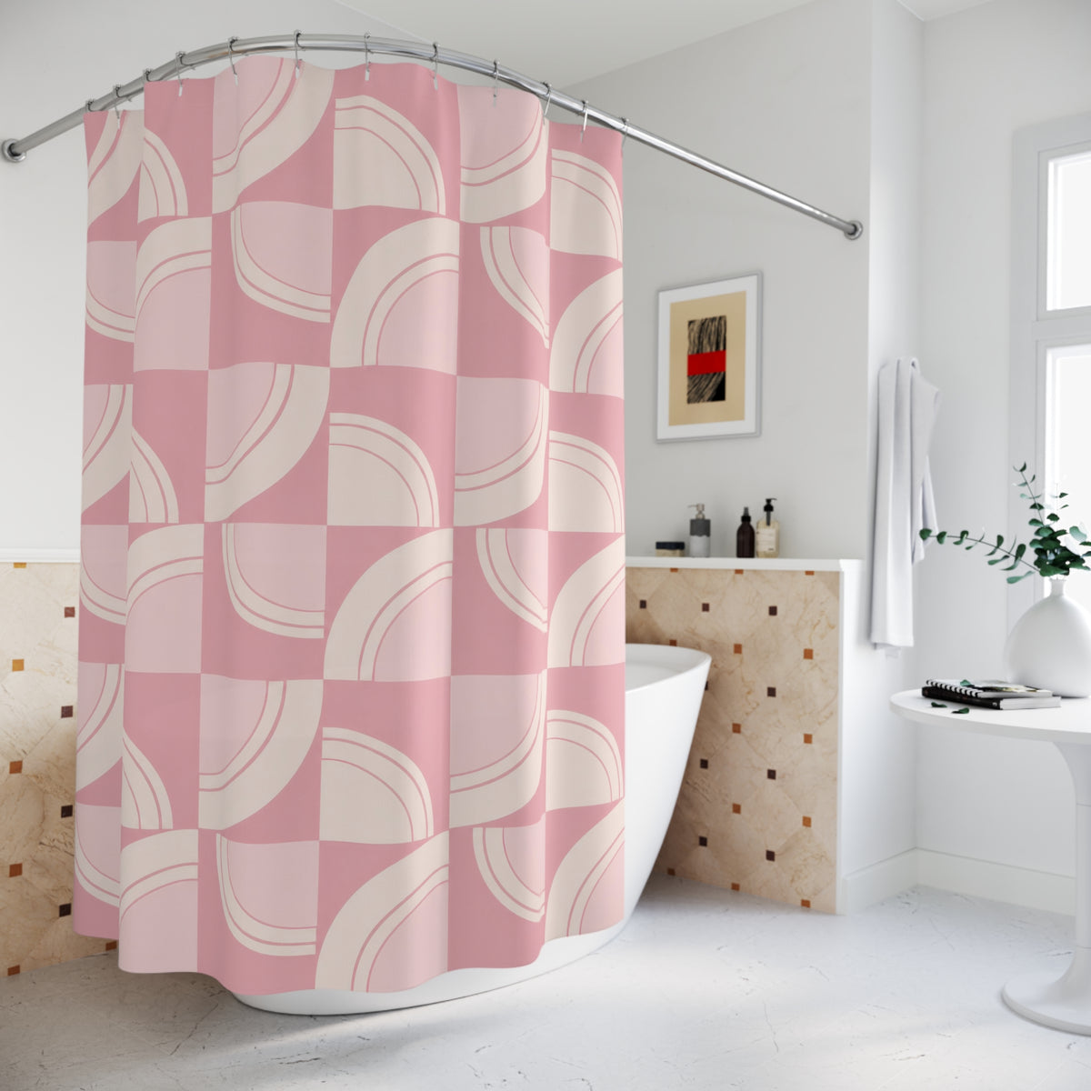 Light pink and cream retro arc tiles shower curtain beside a freestanding tub