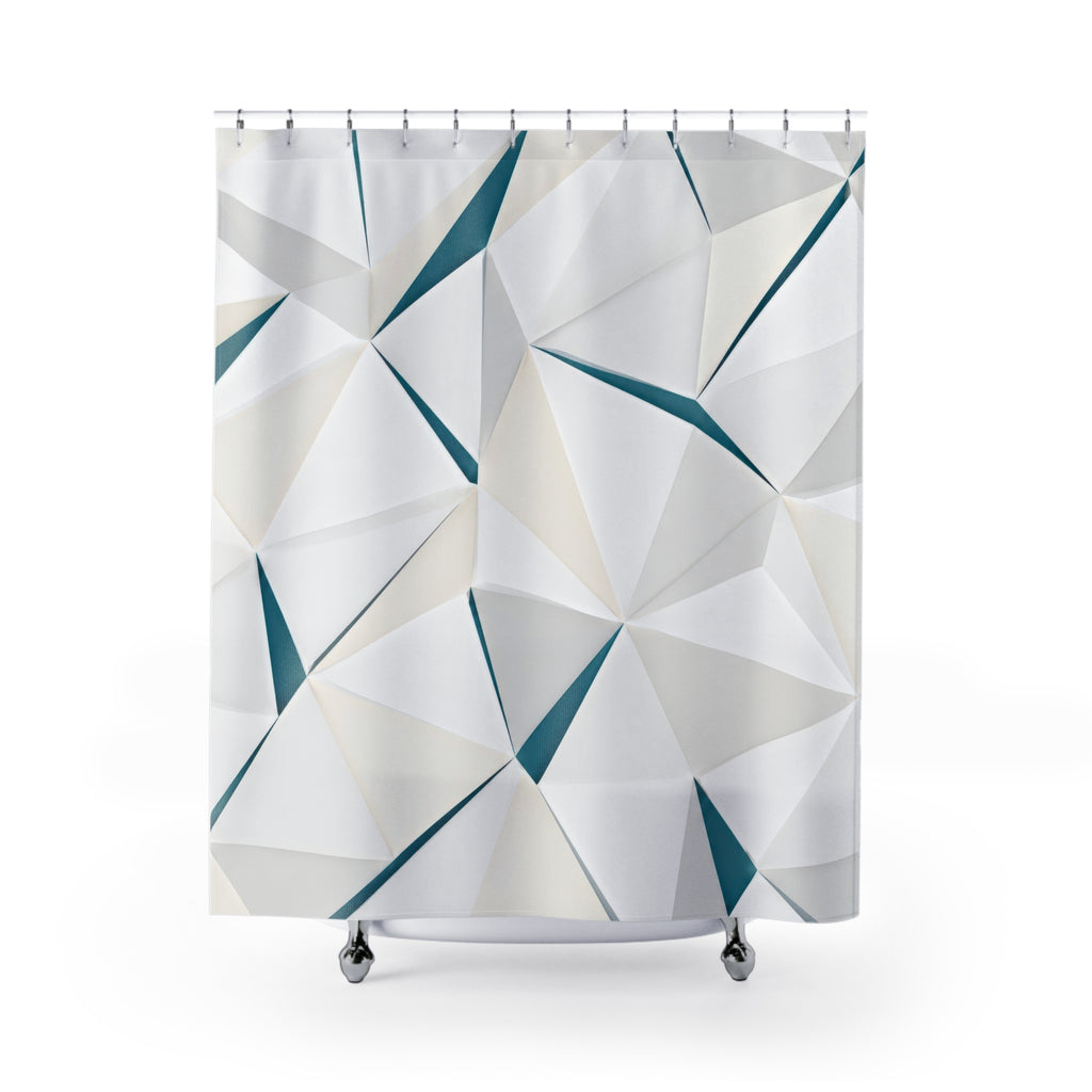 White triangular prism lattice divided by narrow teal seams shower curtain with full front view