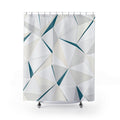 White triangular prism lattice divided by narrow teal seams shower curtain with full front view