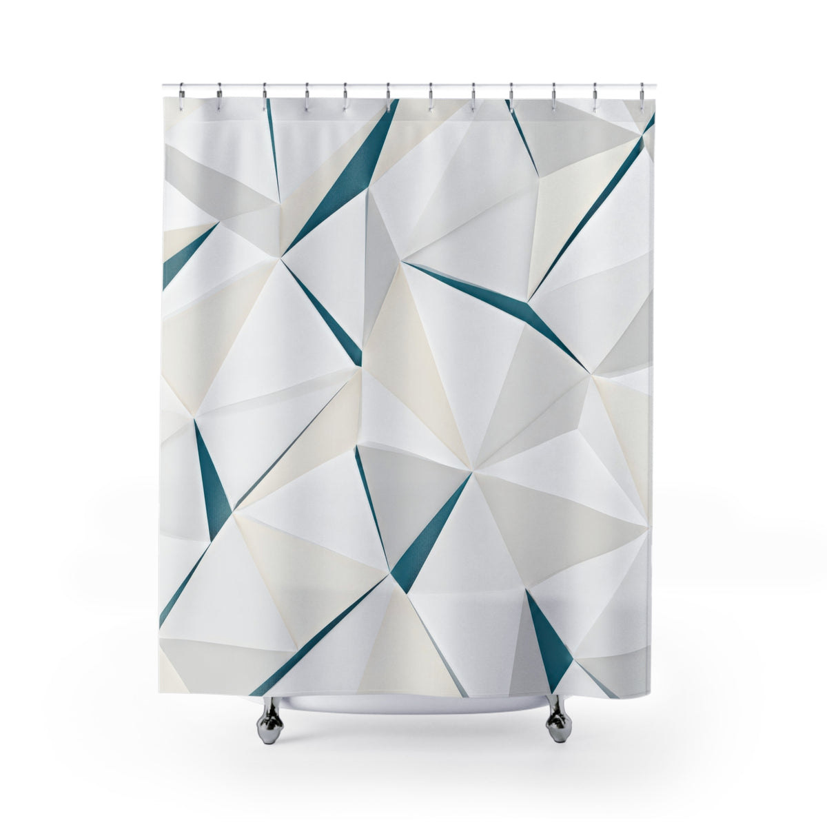 White triangular prism lattice divided by narrow teal seams shower curtain with full front view