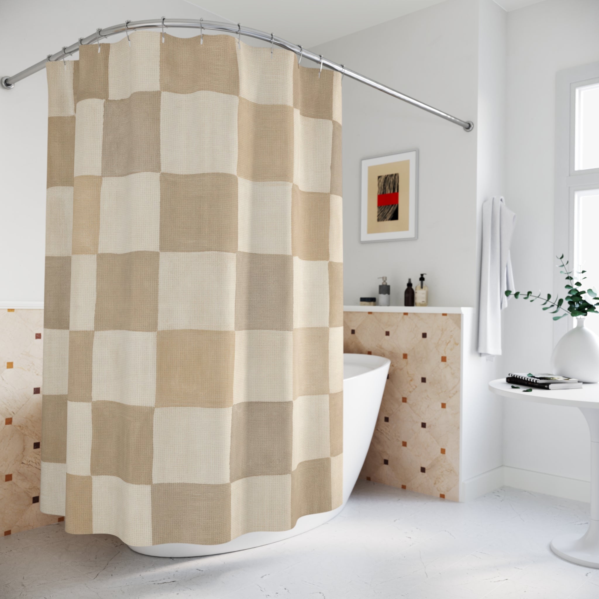 Beige Tan Checkerboard Shower Curtain