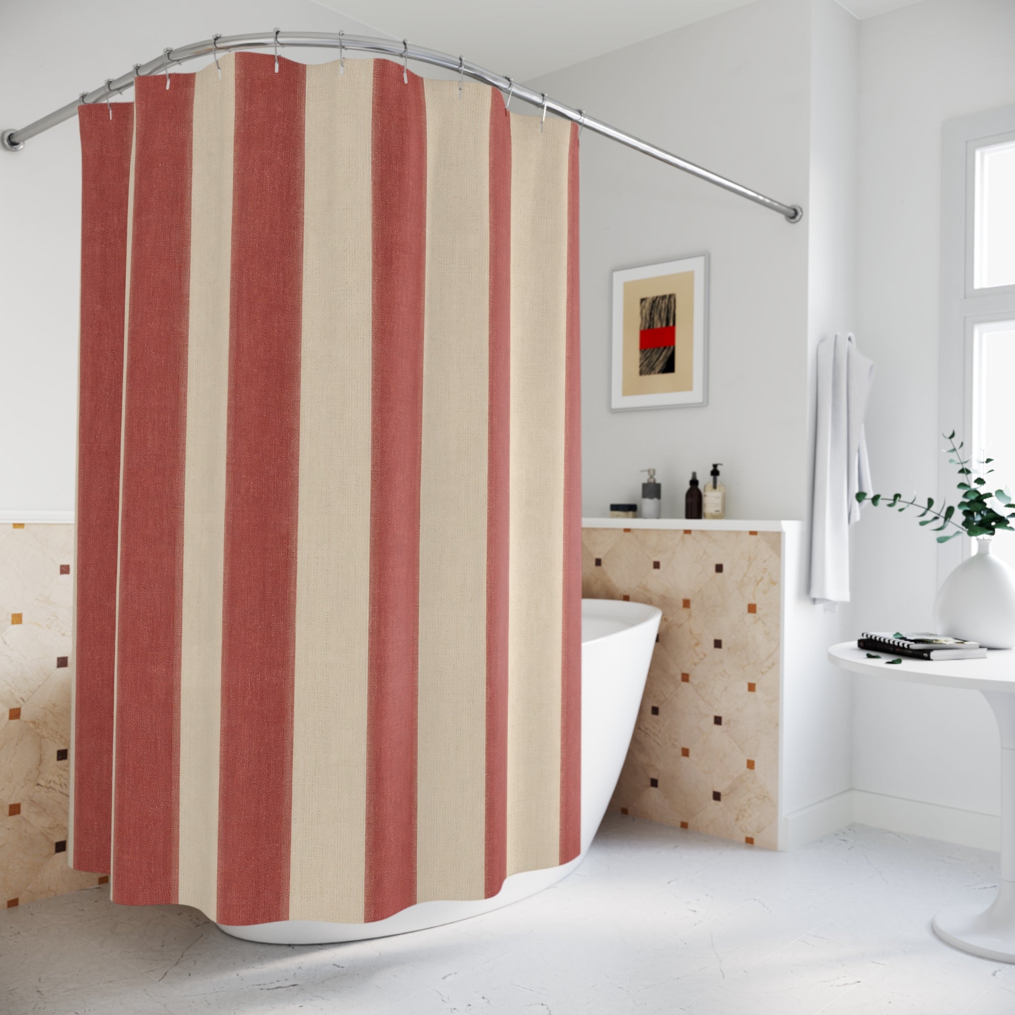 Brick Red and White Stripe Shower Curtain